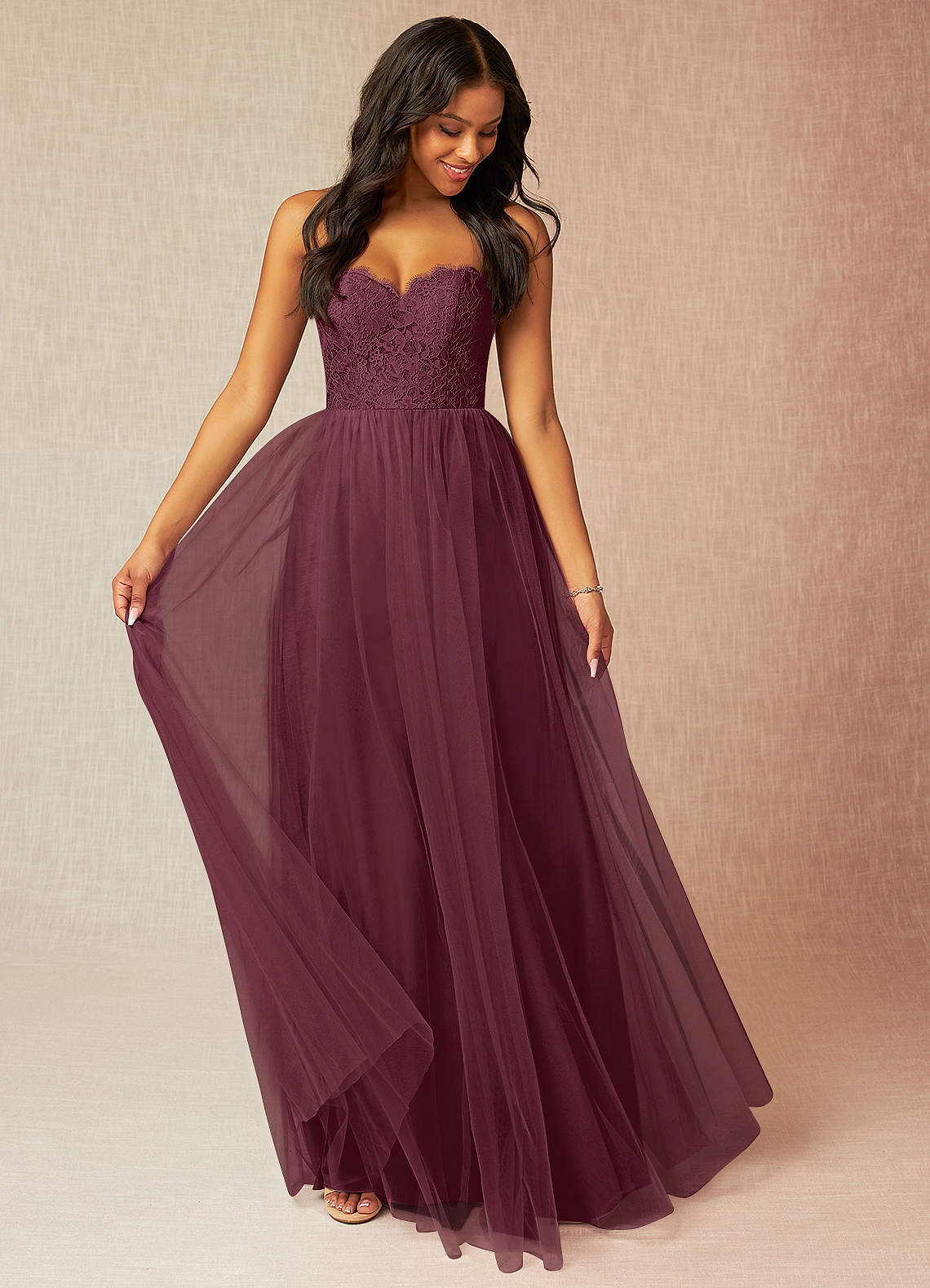 Azazie Roni Bridesmaid Dresses Cabernet A-Line Sweetheart Neckline Tulle Convertible Dress image1