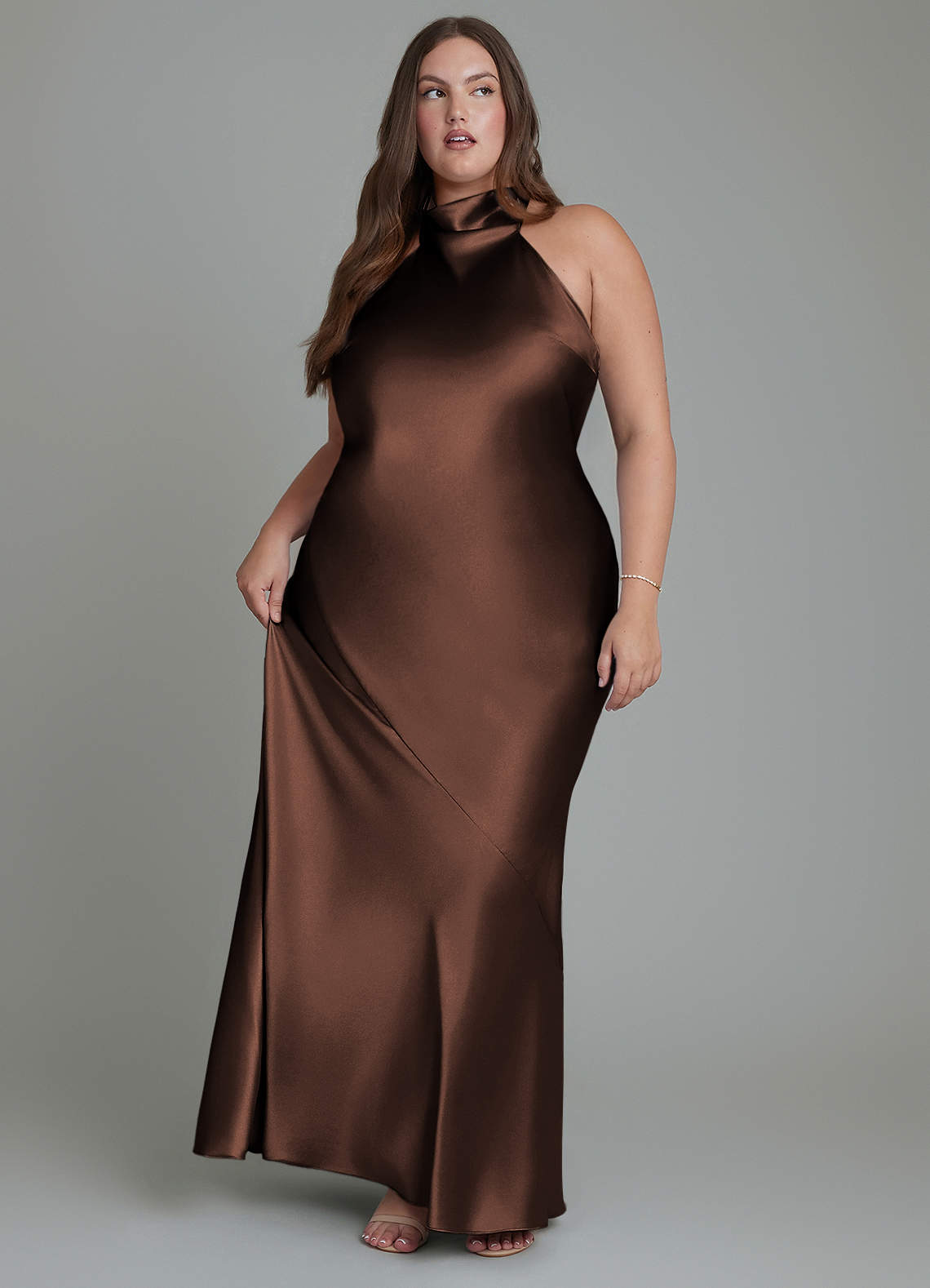 Azazie Velli Bridesmaid Dresses Ganache Sheath High Neck Metallic Satin Dress image10
