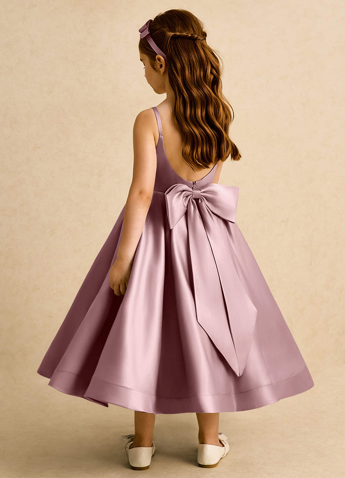 Azazie Babs Blumenmädchenkleider Ballkleid Plissee Matte Satin Kleid Altrosa image1