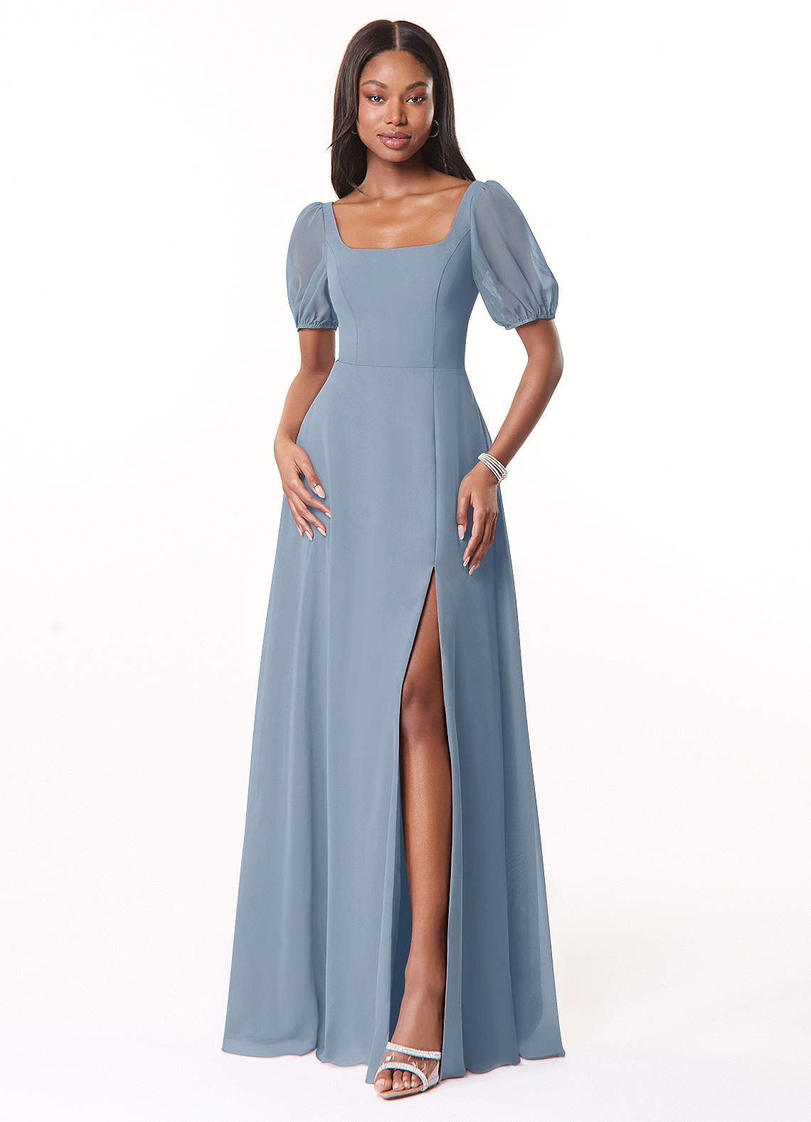 Azazie Alani Bridesmaid Dresses Dusty Blue A-Line Square Neckline Chiffon Dress image1