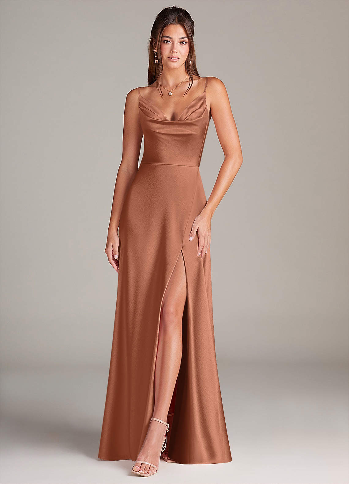 Azazie Sarella Brautjungfernkleider A-Linie Plissee Stretch-Satin Kleid Bronzer image1