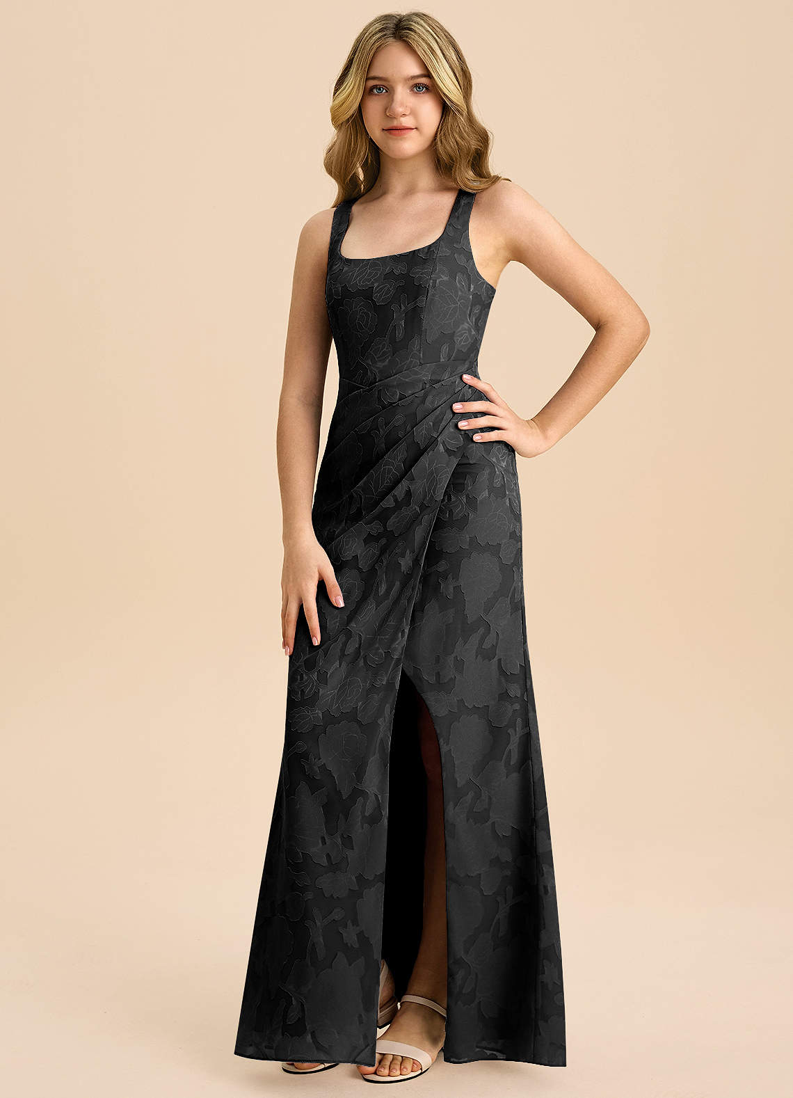 Azazie Mero Junior Black Sheath Pleated Floral Burnout Dress image4