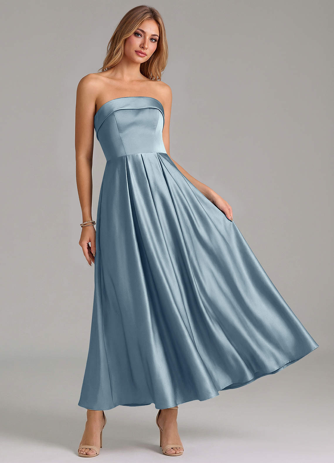 Azazie Lucienne Vestidos de madrinha de casamento Vestido Azul Empoeirado de Cetim elástico de Linha A com Plissado image6