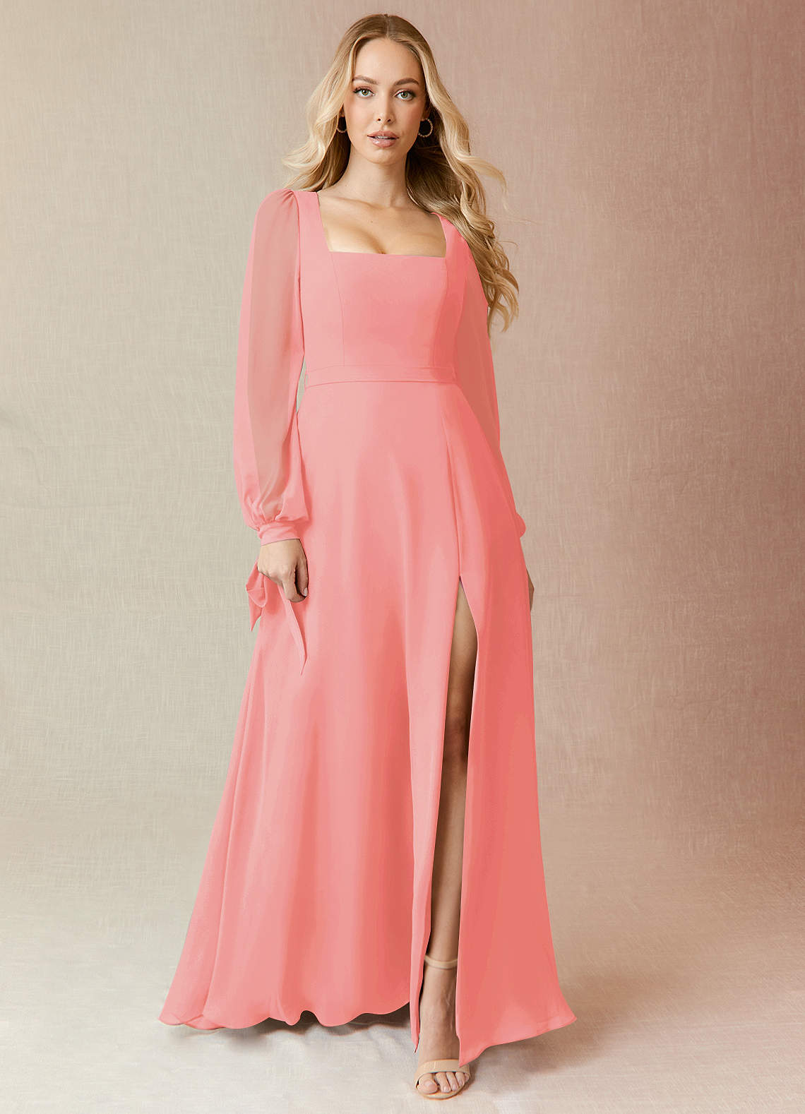 Azazie A Line Princess Square neckline Floor Length Chiffon Bridesmaid Dresses Coral