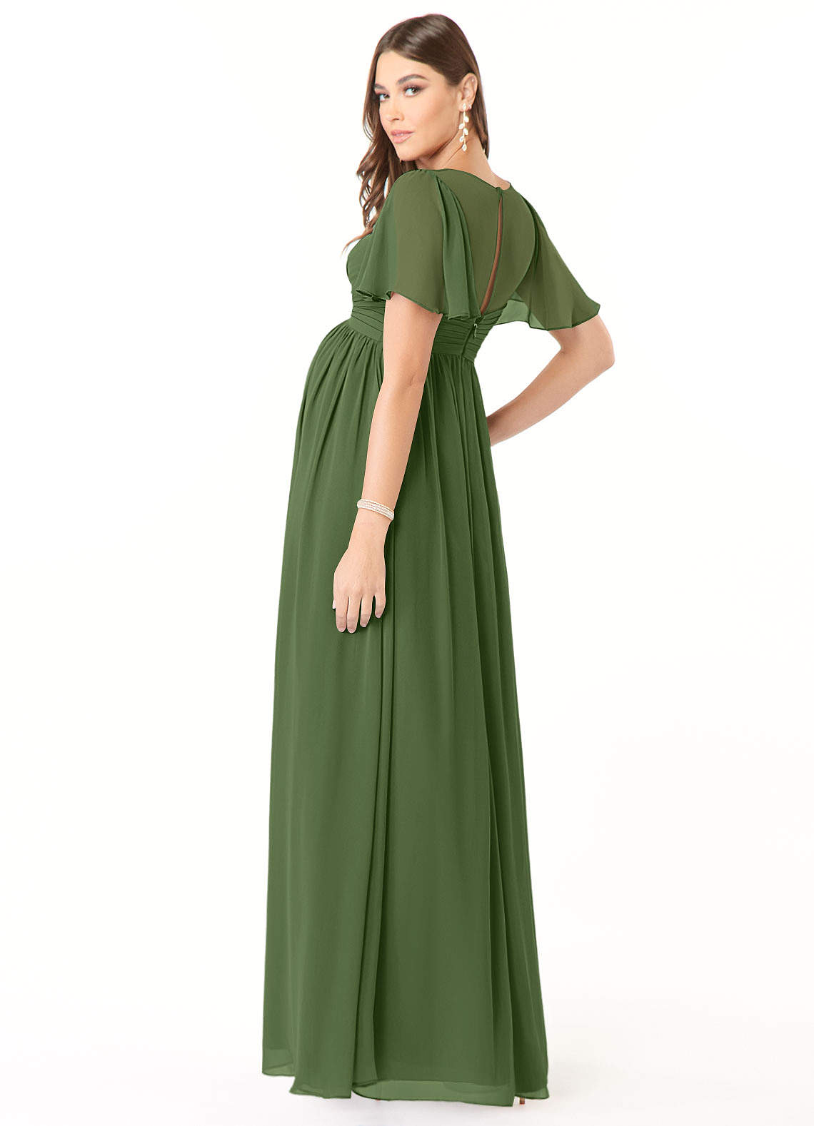 Azazie Verna vestidos de dama de honor de maternidad Vestido de Corte en A Cuello en V fruncido Hasta el suelo Gasa image3
