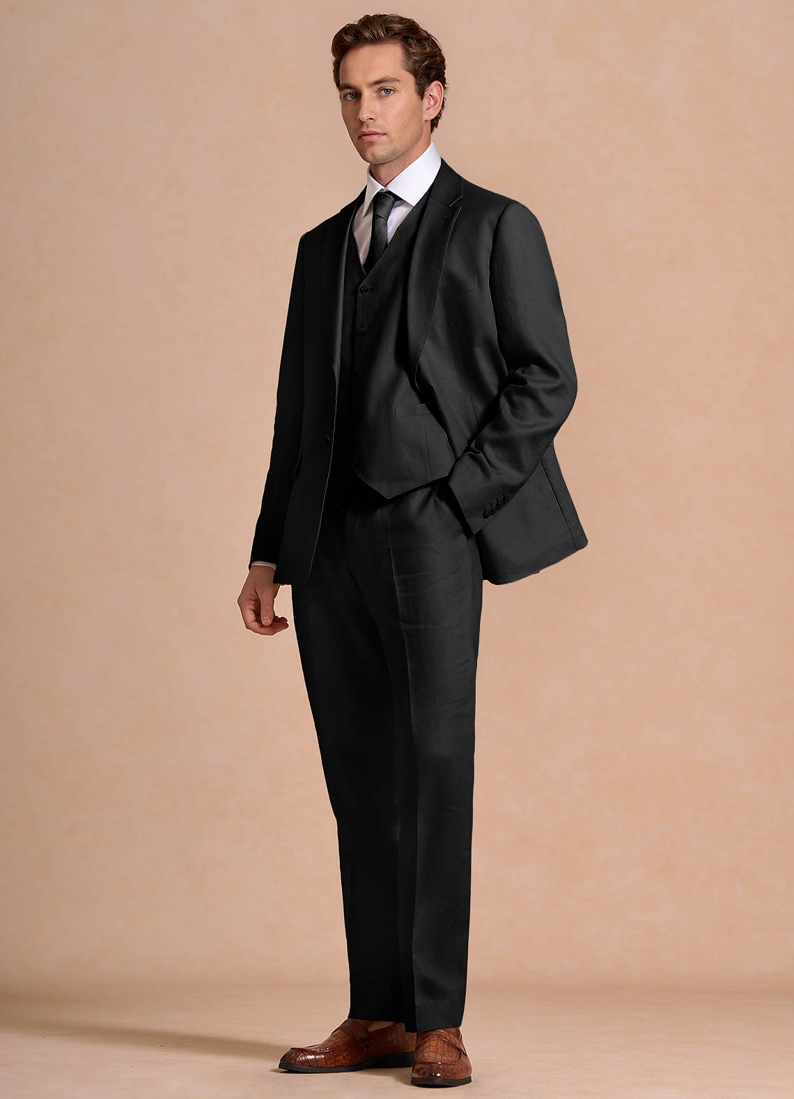 front Wesley Black Linen Blend 3-Piece Suit