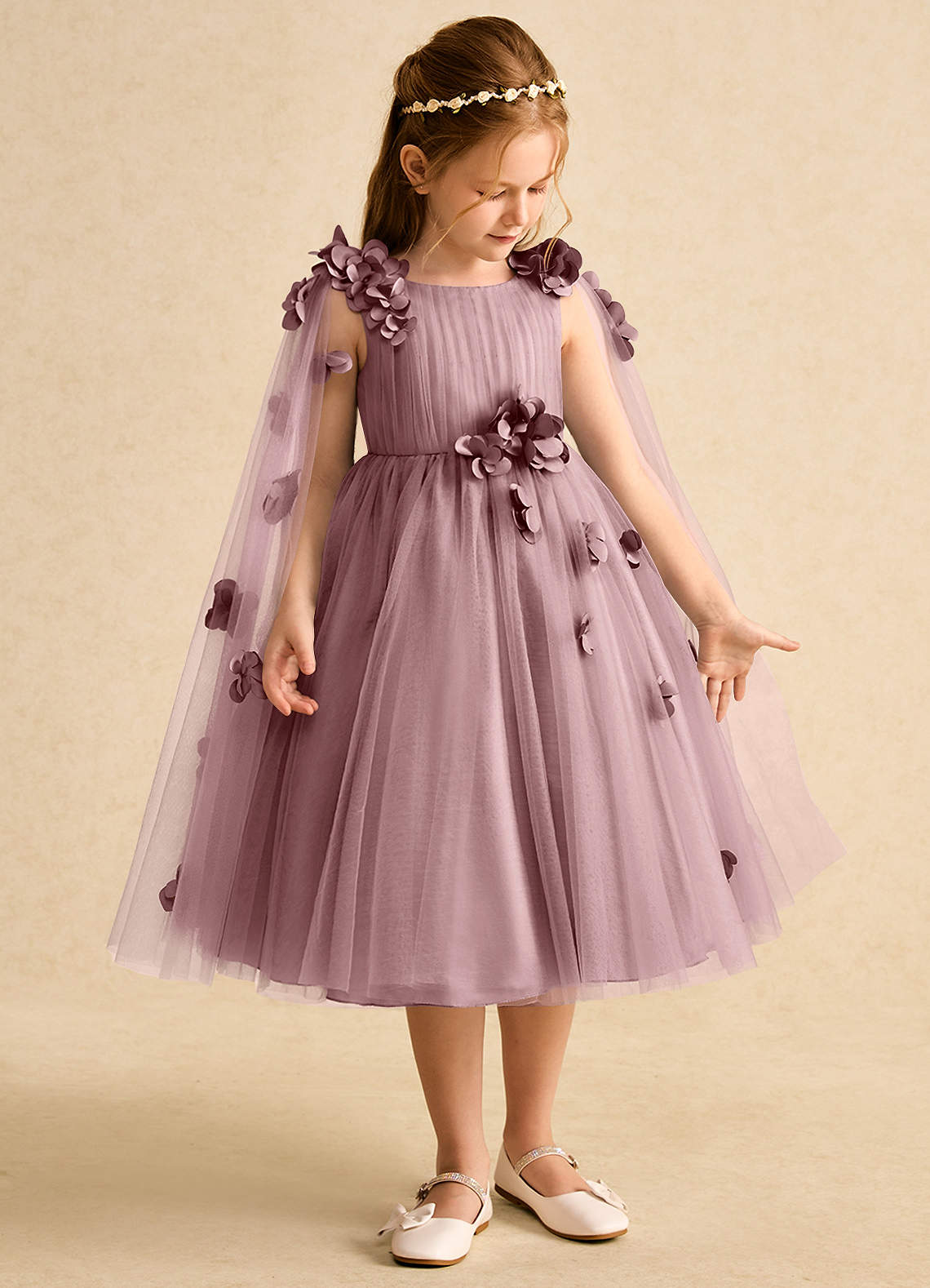 Azazie Staria Flower Girl Dresses Dusty Rose Ball-Gown Ruched Tulle Dress image6