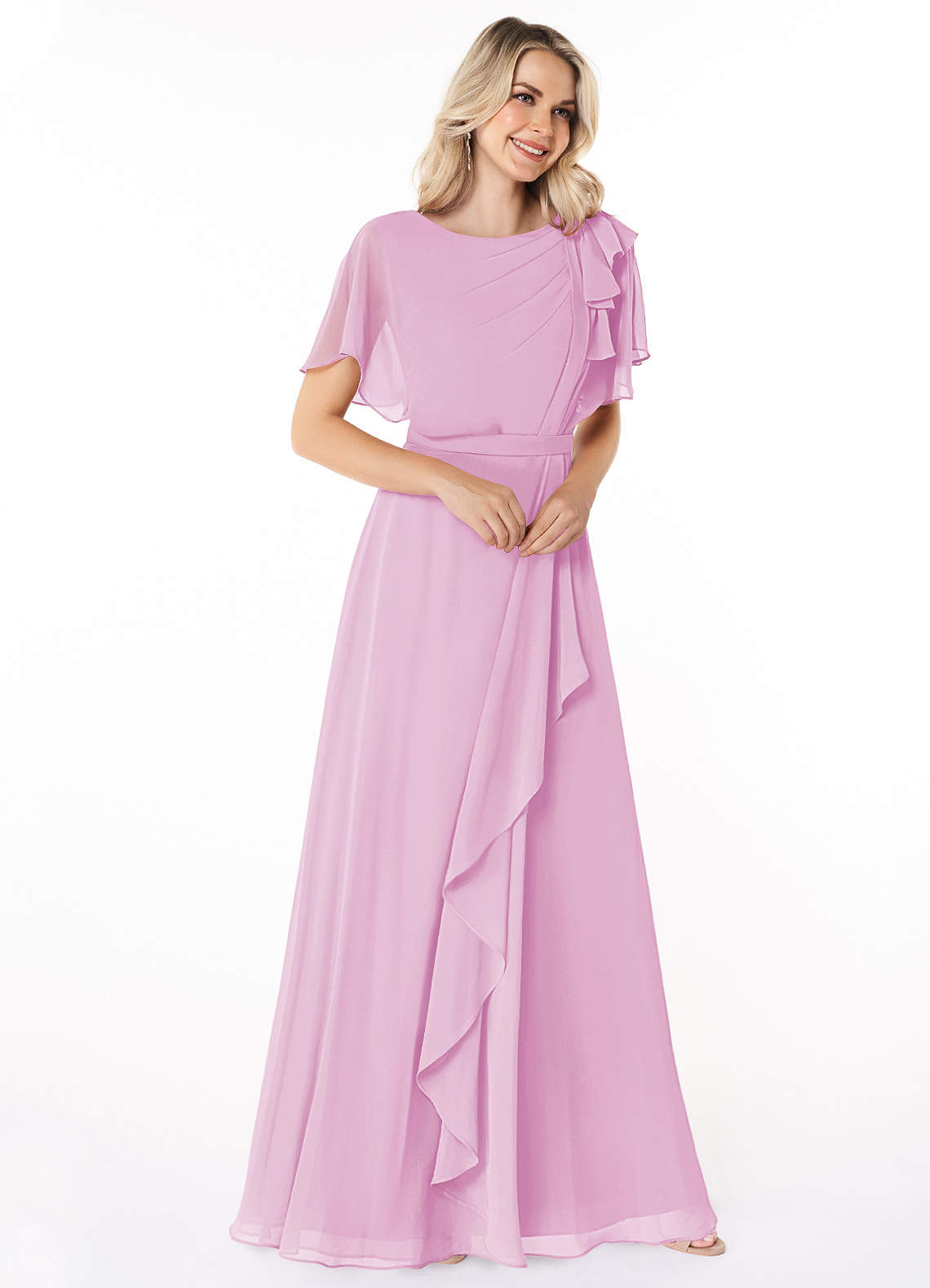 Azazie Plus Size A-Line/Princess Scoop Neck Floor-Length Chiffon Modest Bridesmaid Dresses - Candy Pink