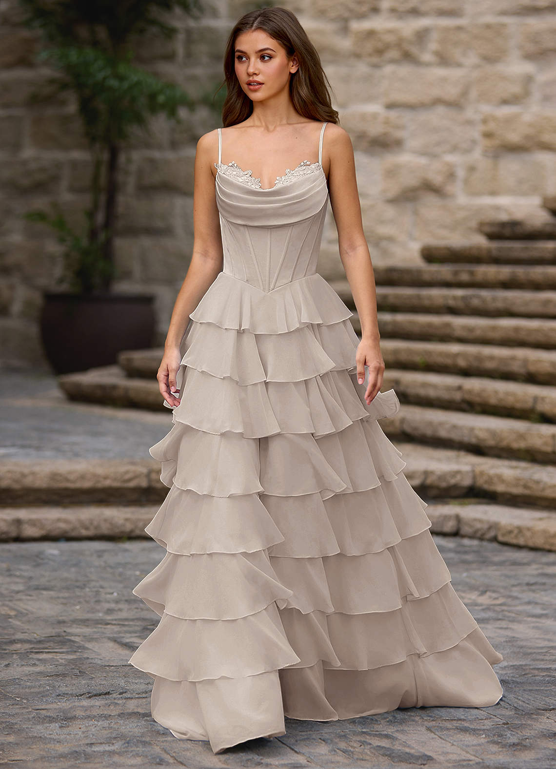 Floralace Vanilla Ruffled A-line Prom Dress