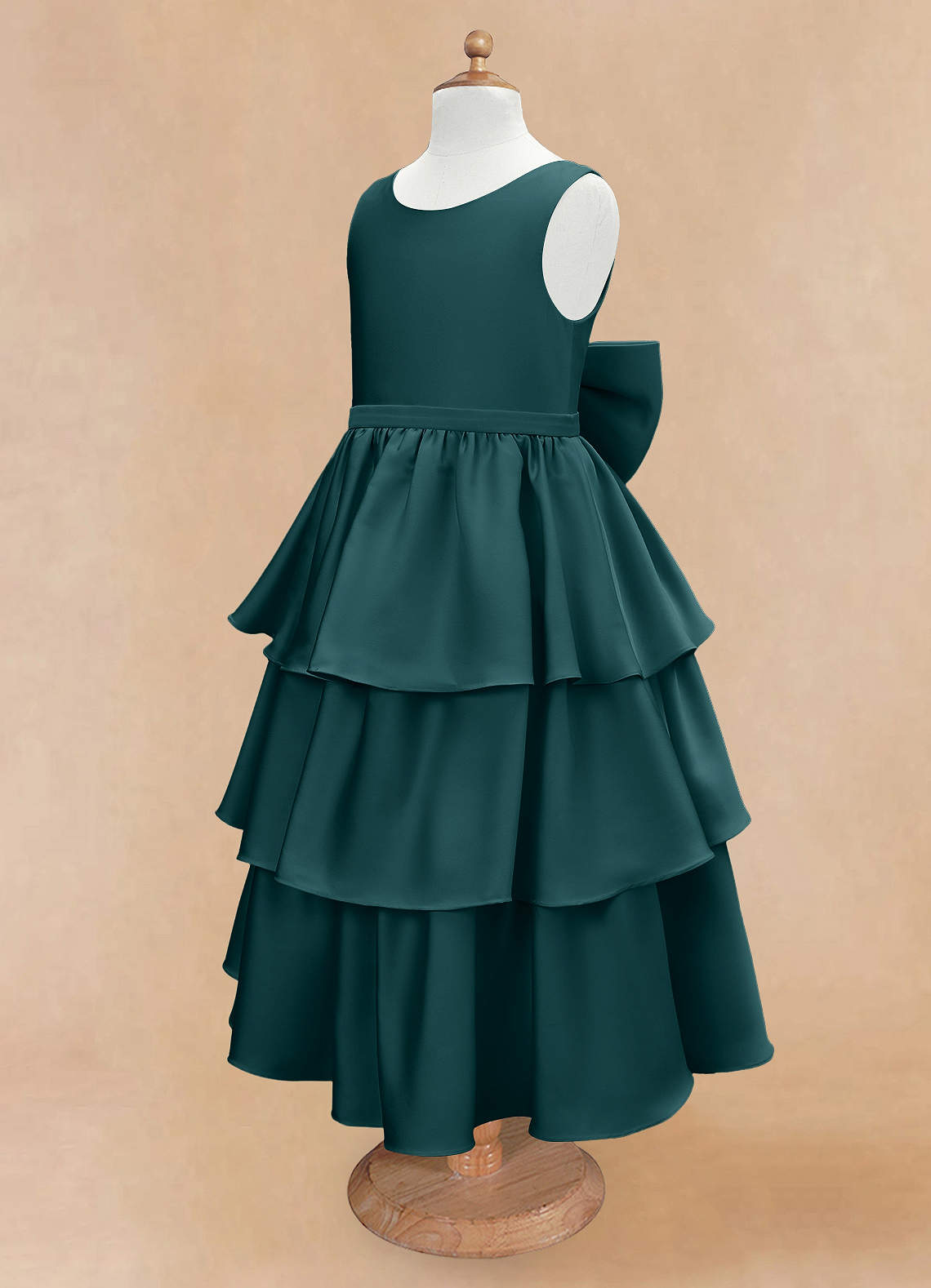 Azazie Margie Flower Girl Dresses Pine A-Line Bow Stretch Satin Dress image5