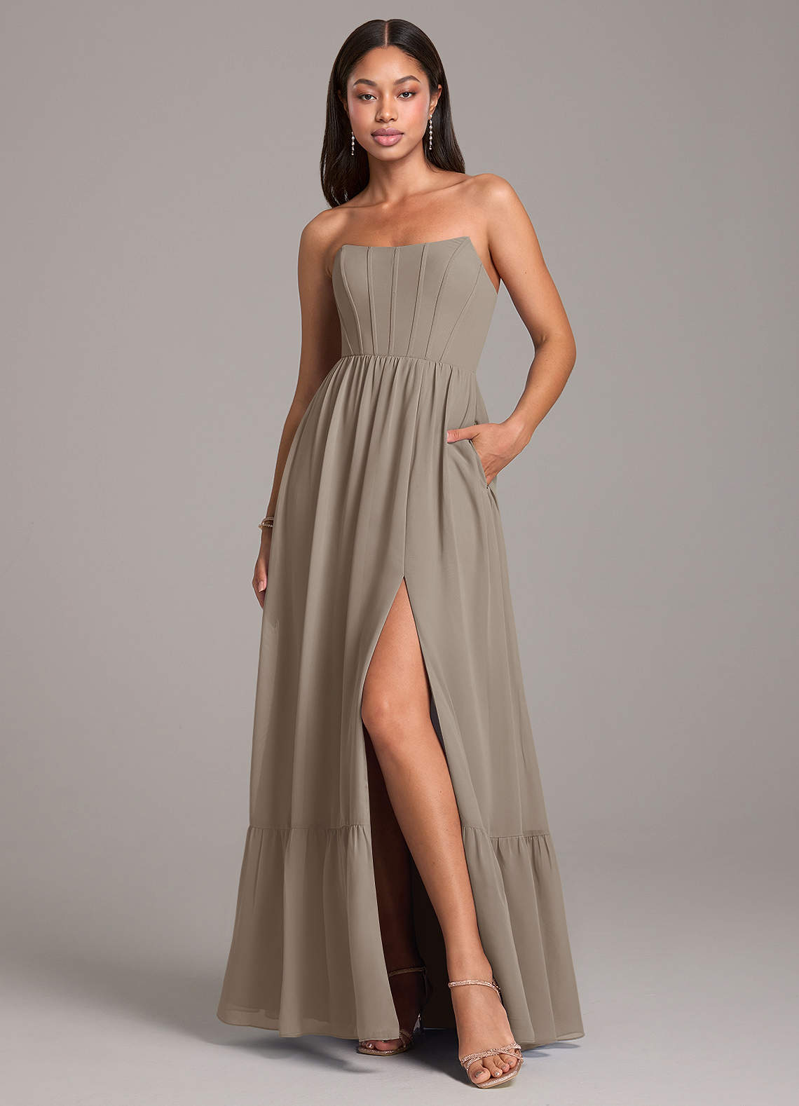 Azazie Kailee Bridesmaid Dresses Taupe A-Line with Pockets Chiffon Dress image1