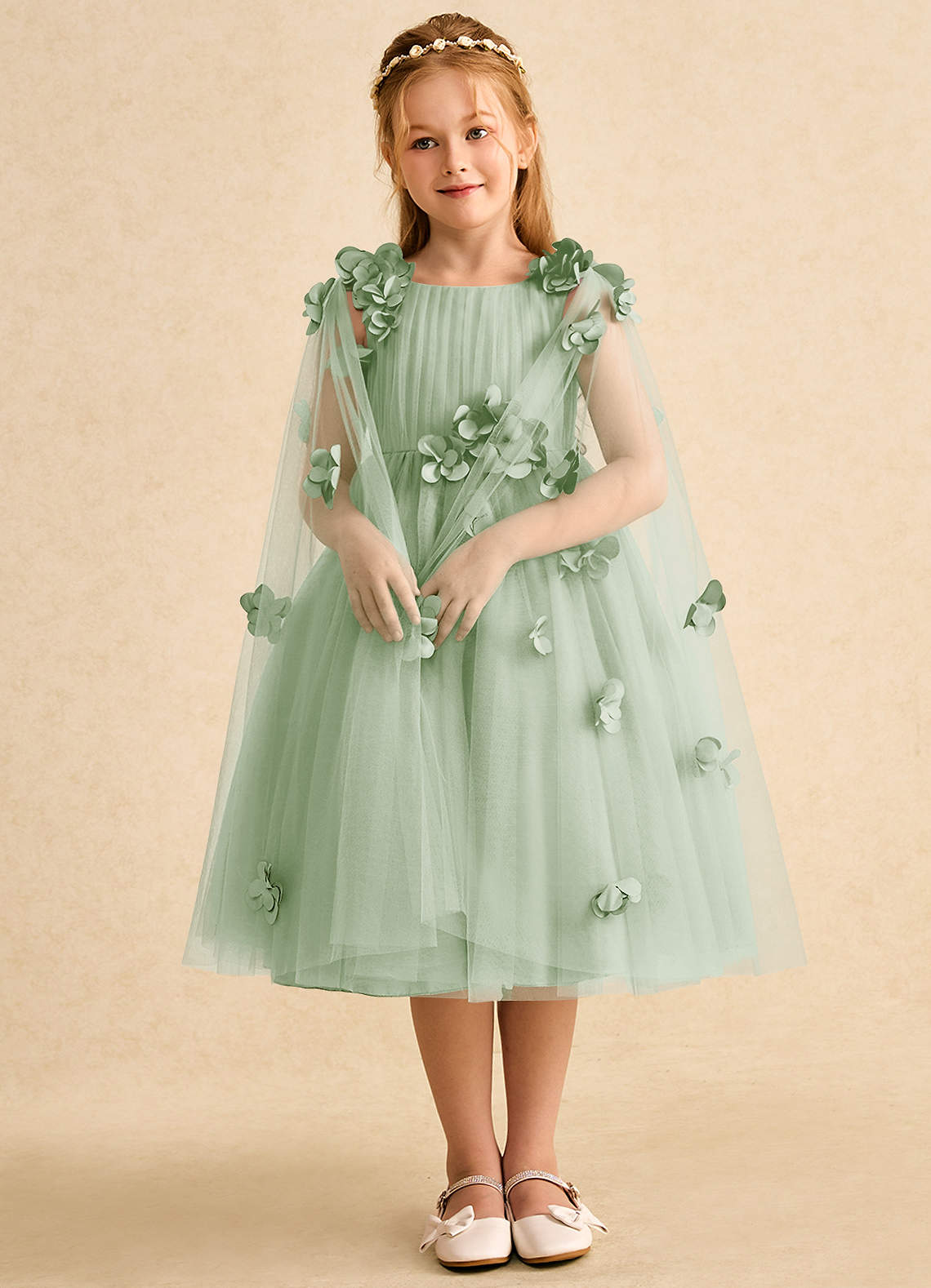 Azazie Staria Flower Girl Dresses Dusty Sage Ball-Gown Ruched Tulle Dress image2