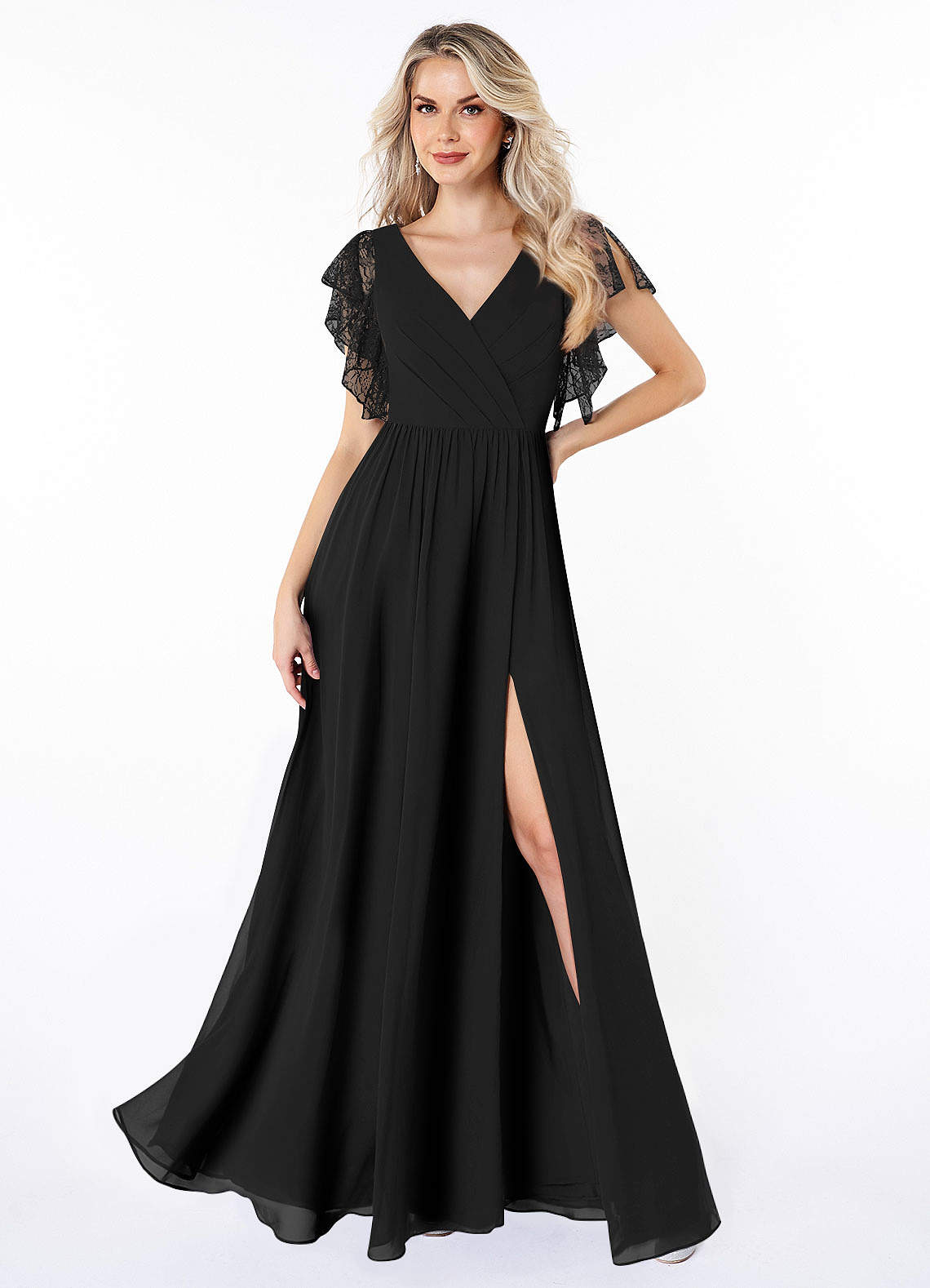 Azazie Zella Bridesmaid Dresses Black A-Line Lace Chiffon Dress image1