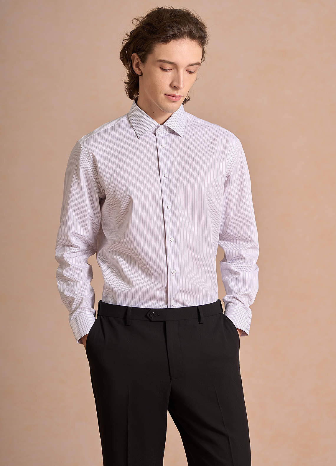 front Aiden Deep Purple Black 100% Cotton Non-Iron Striped Dress Shirt