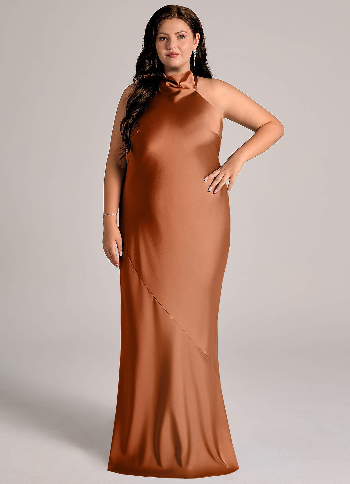 Azazie Velli Bridesmaid Dresses Copper Mermaid High Neck Stretch Satin Dress image1