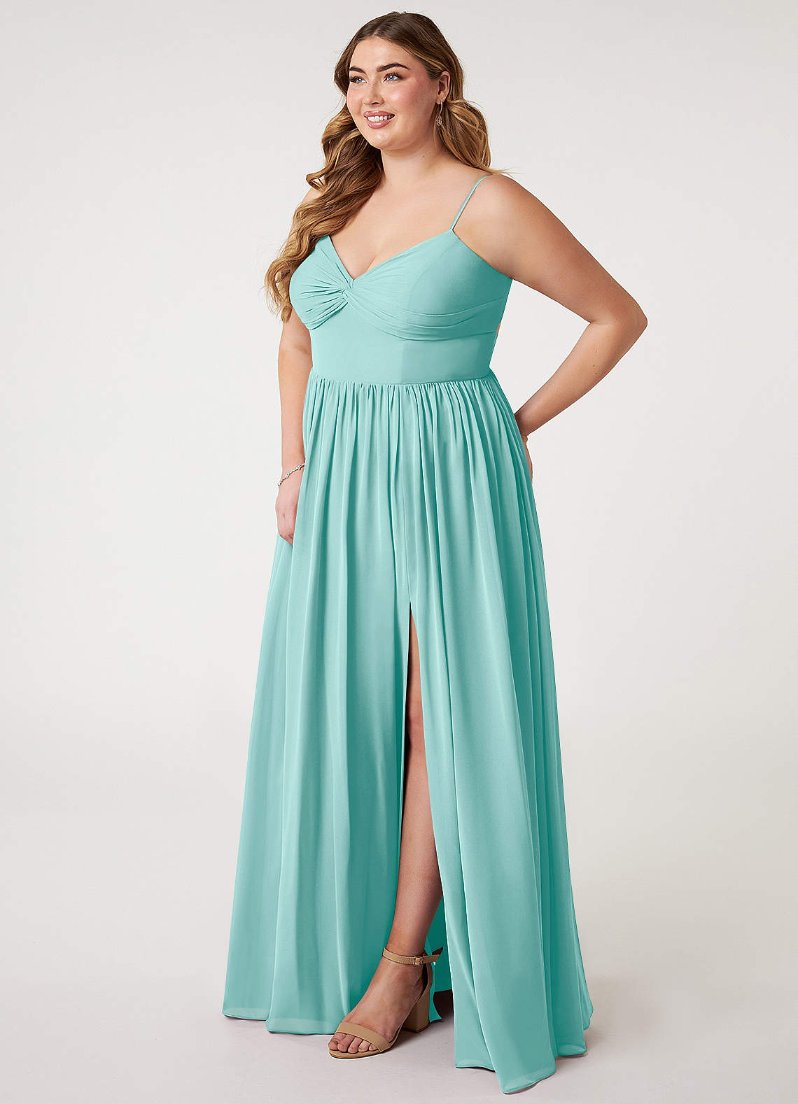 Azazie Zeya Bridesmaid Dresses Aqua A-Line V-Neck Pleated Chiffon Dress image7