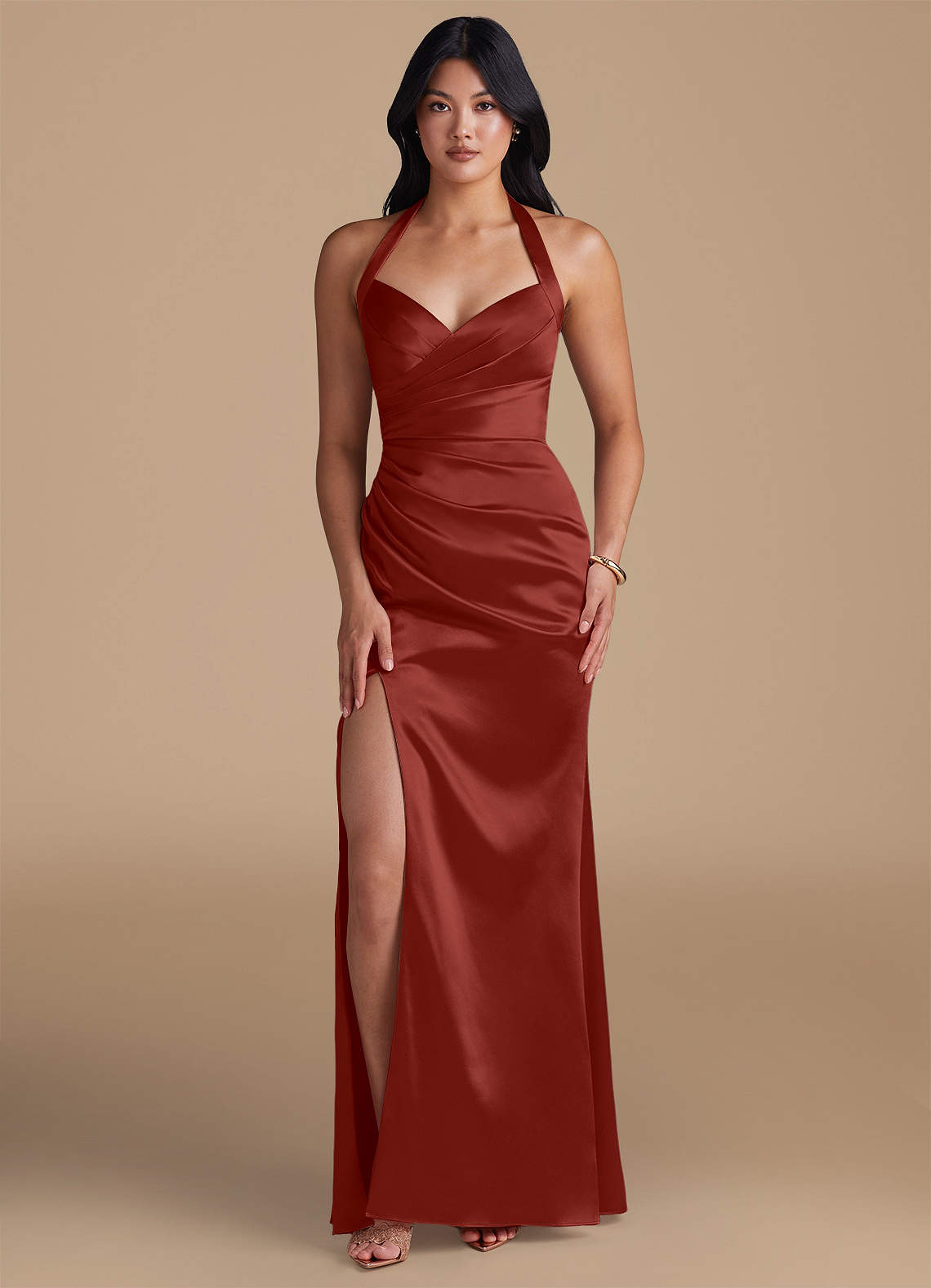 Azazie Emeria Bridesmaid Dresses Terracotta Sheath Side Slit Metallic Satin Dress image1