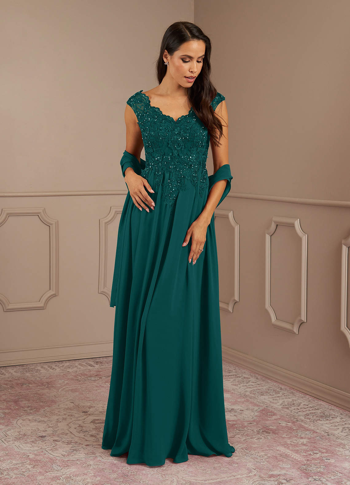 Azazie Amethyst Mother of the Bride Dresses Peacock A-Line V-Neck Sequins Chiffon Dress image1