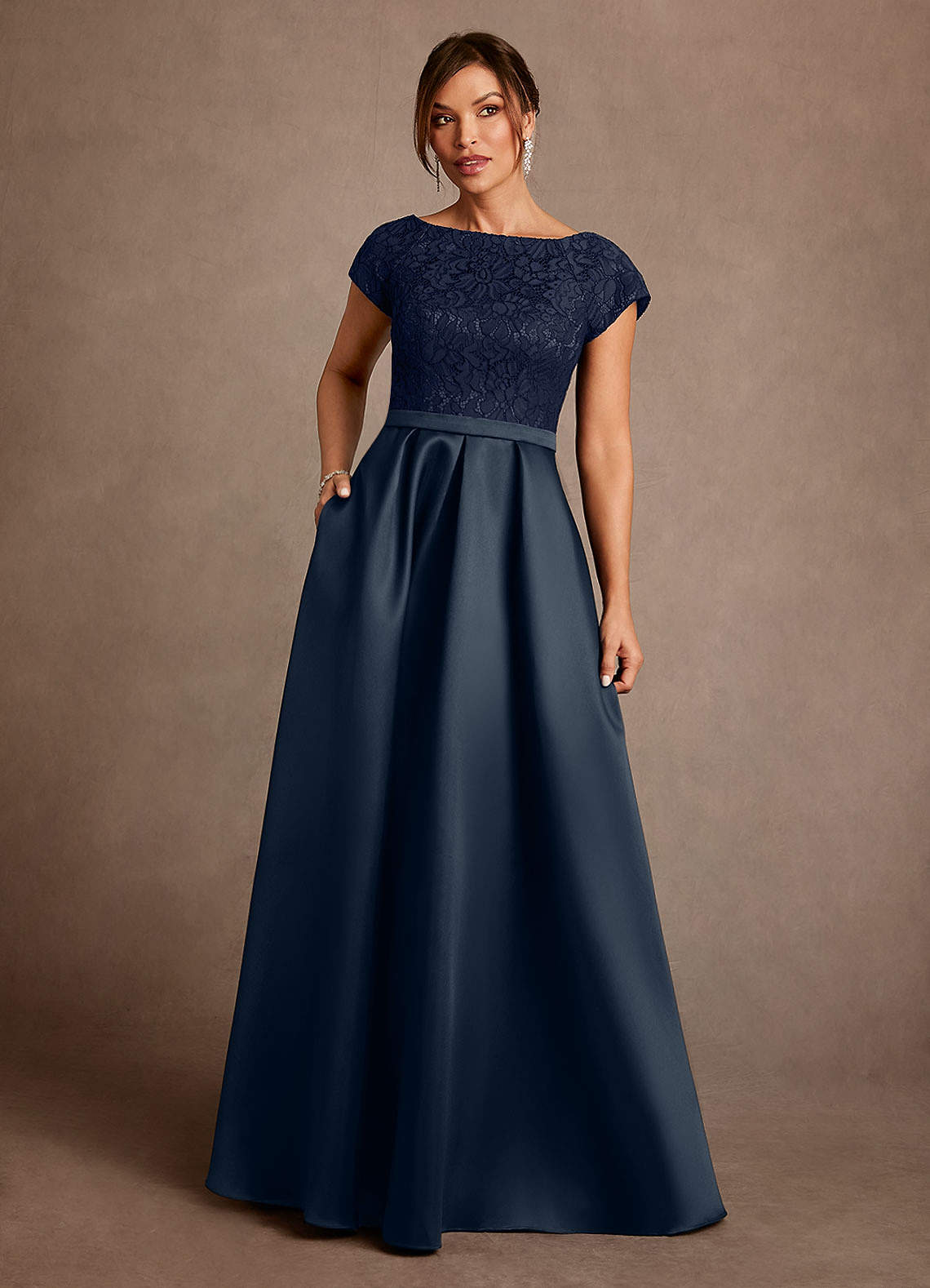 Azazie Albany Dark Navy A-Line Pleated Lace Dress | Azazie