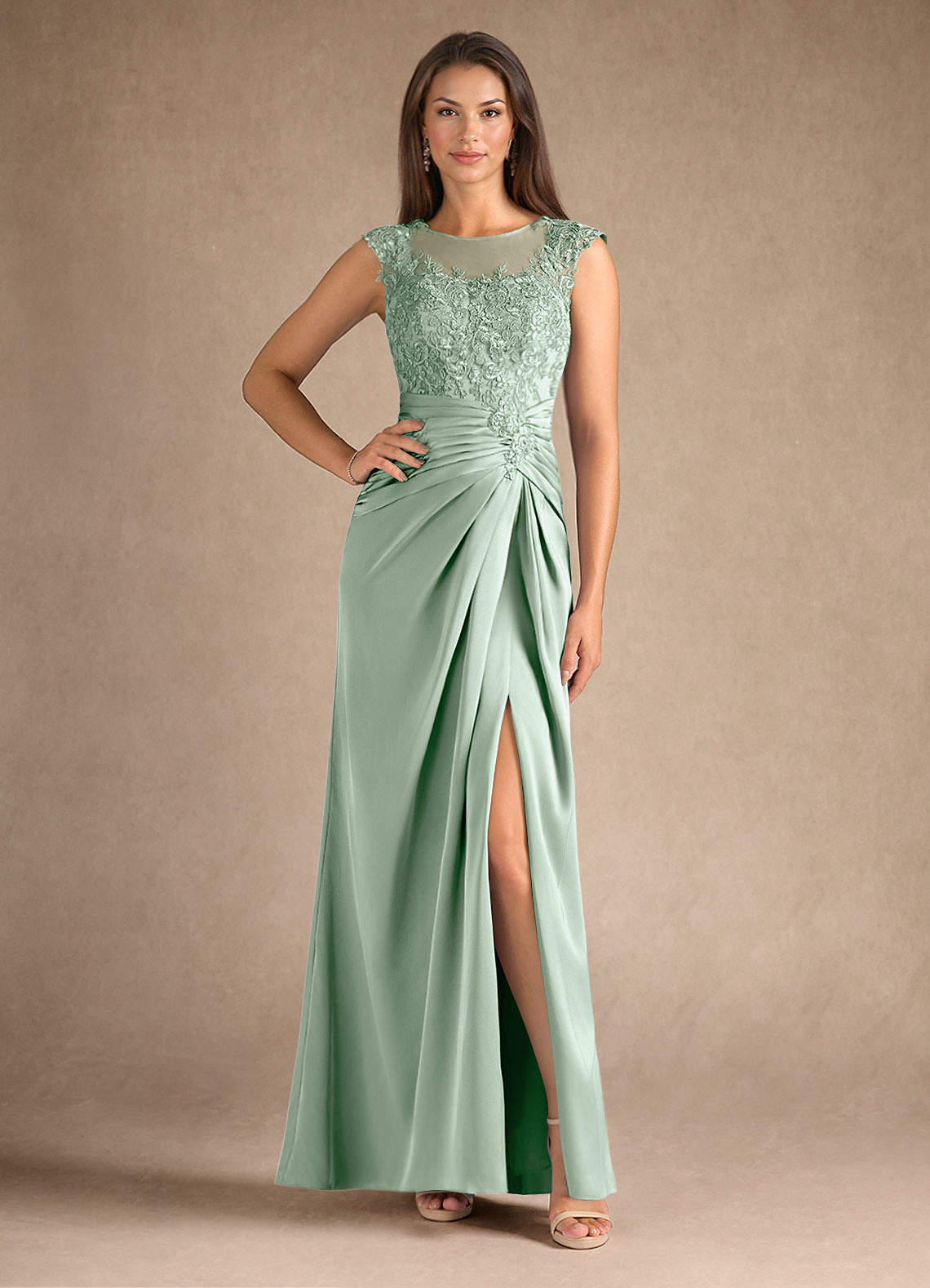 Azazie Santa Barbara Mother of the Bride Dresses Agave Sheath Pleated Stretch Satin Dress image1