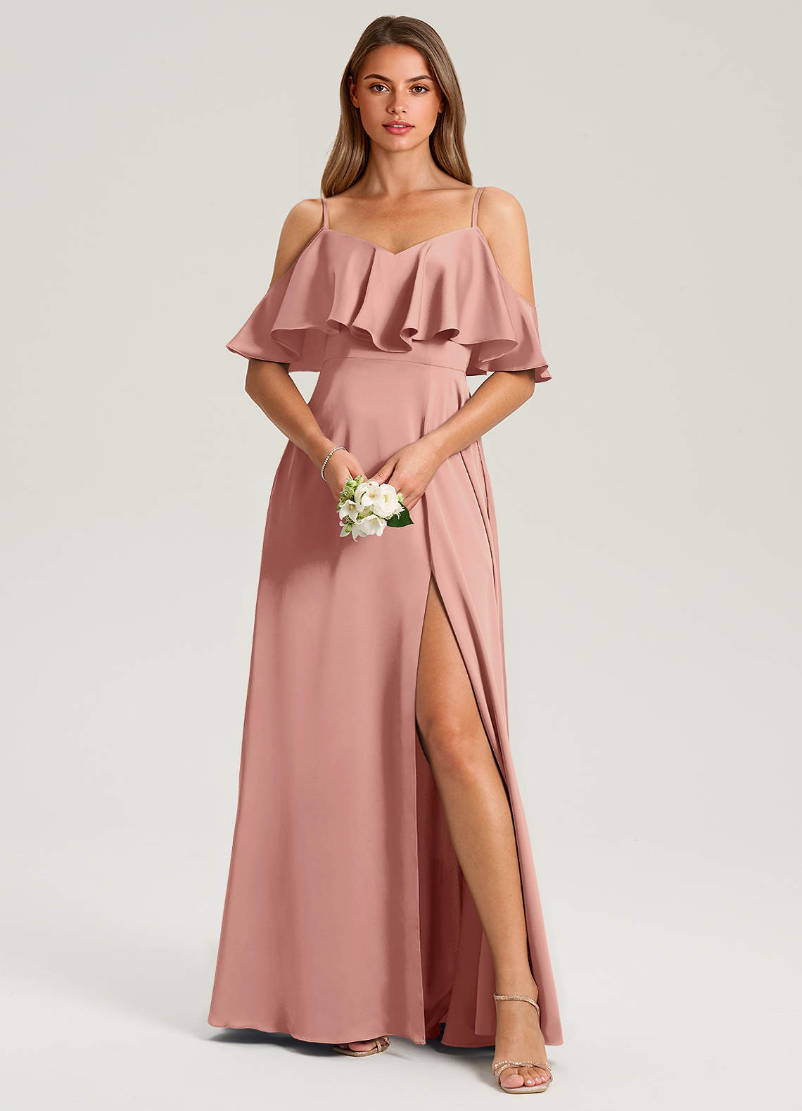 Azazie Jean Vestidos de damas de honor Vestido de Rosetón de Satén Elástico de Corte en A con Vestidos sin tirantes image1