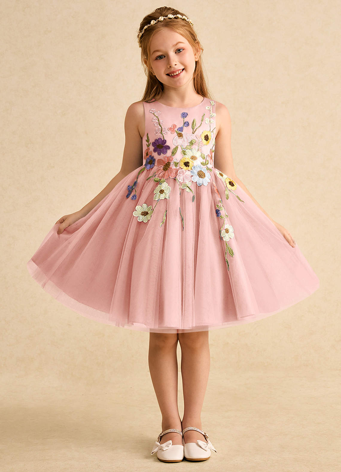Azazie Prima vestidos de niña de las flores Vestido de Rosetón de Tul de Corte En A con Lazo image1