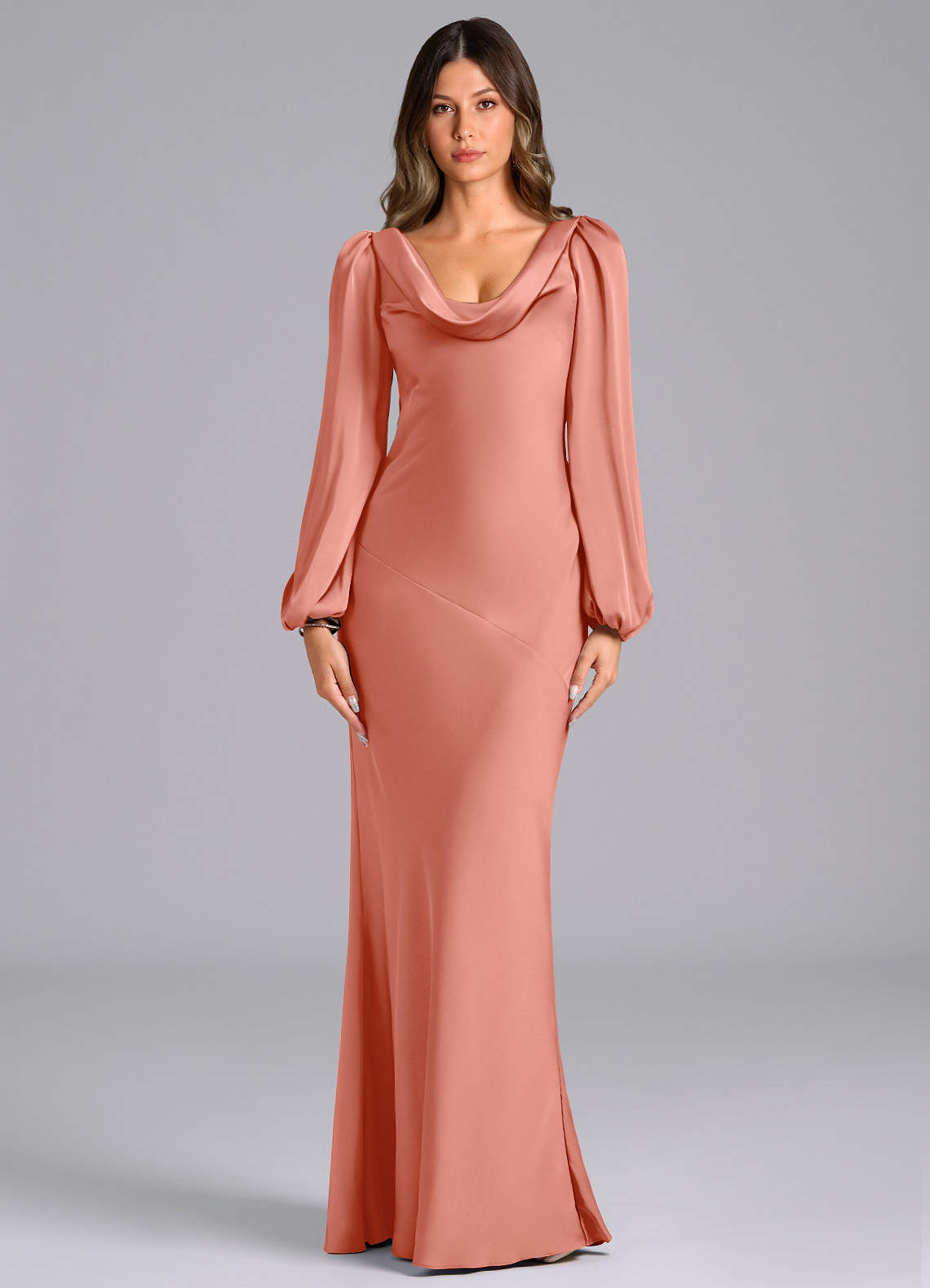 Azazie Rylina Bridesmaid Dresses Coral Mermaid Long Sleeve Stretch Satin Dress image1