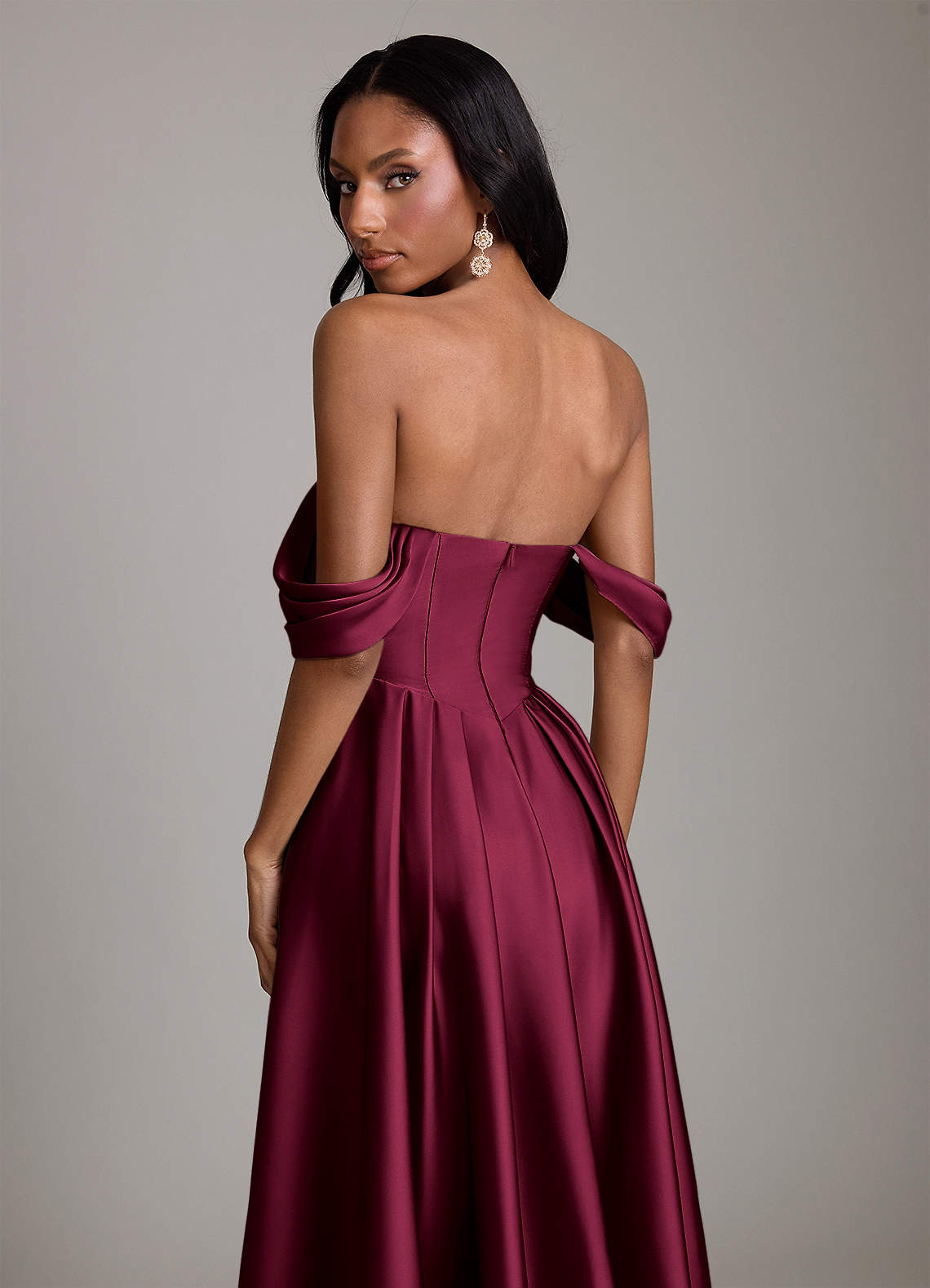 Azazie Loisa Bridesmaid Dresses Burgundy A-Line Off the Shoulder Stretch Satin Dress image3