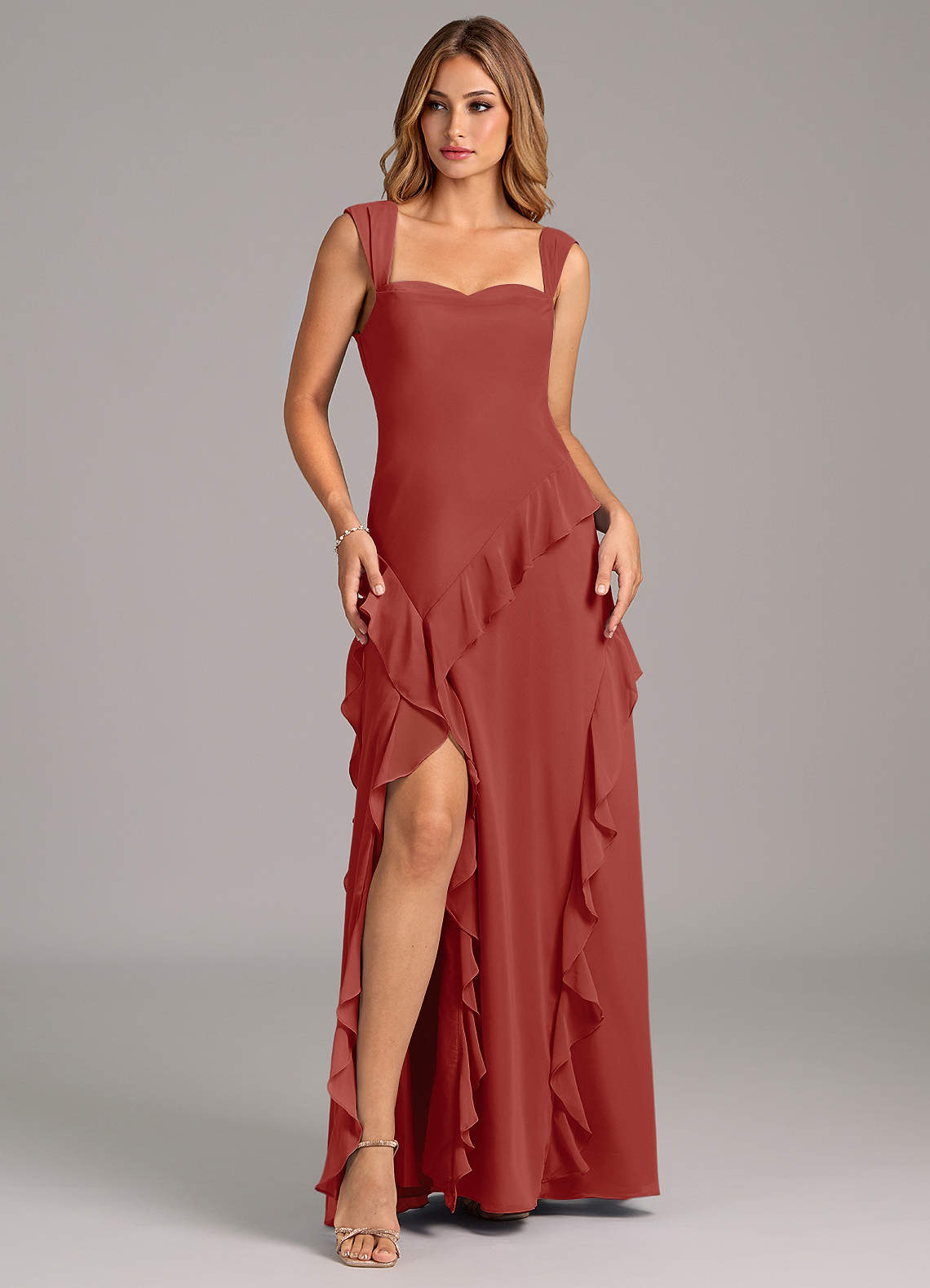 Azazie Sloane Abiti da Damigella Abito A-Line in Chiffon Scollo a Cuore Terracotta image1