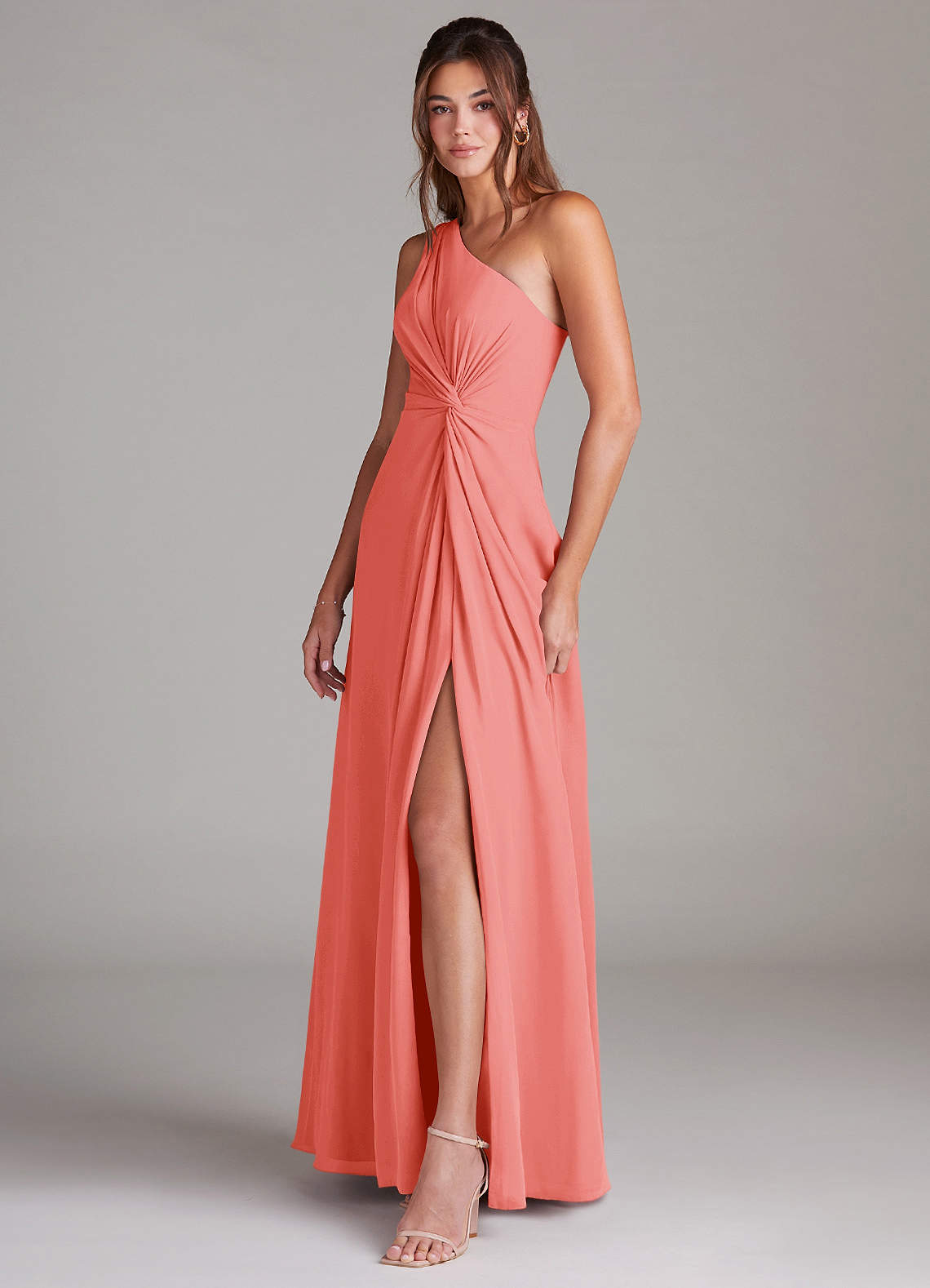 Azazie Brooke Bridesmaid Dresses Coral A-Line One Shoulder Chiffon Dress image4