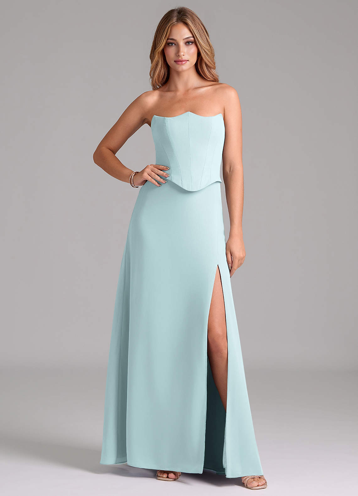 Azazie Jenilyn Brautjungfernkleider A-Linie Schulterfrei Chiffon Kleid Nebel image1