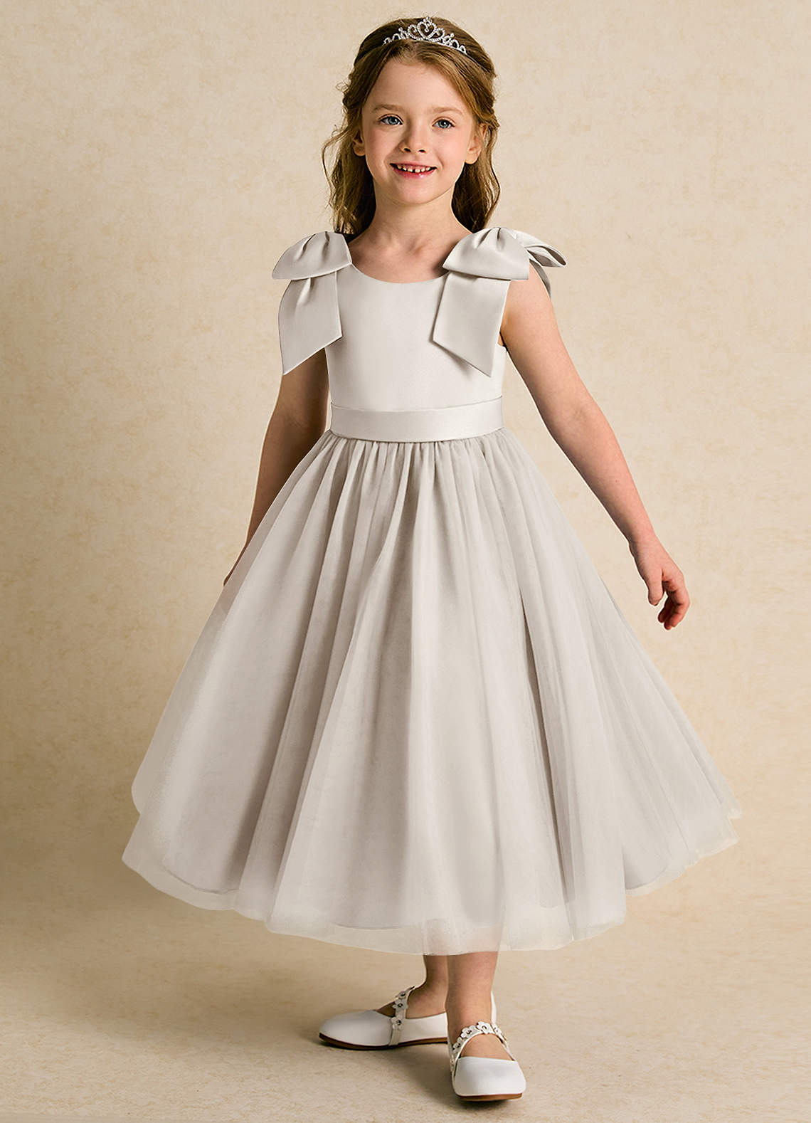 Azazie Serene Flower Girl Dresses Frost Ball-Gown Bow Matte Satin Dress image1