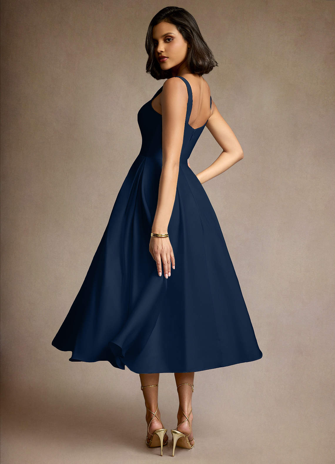 knee length dresses for ladies Navy Blue Midi Bridesmaid Dress Prom Gown fg4495 – formalgowns