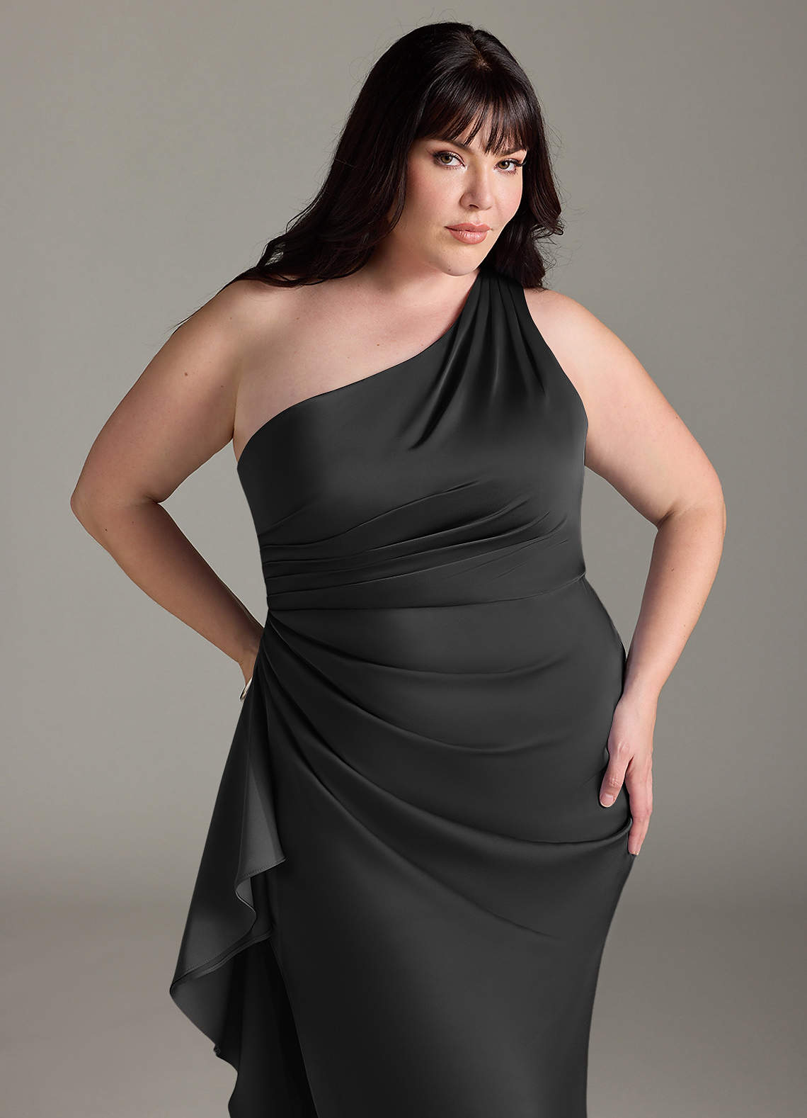 Azazie Latrice At-home Try On Dresses Black Sheath One Shoulder Cascading Ruffles Stretch Satin Dress image11