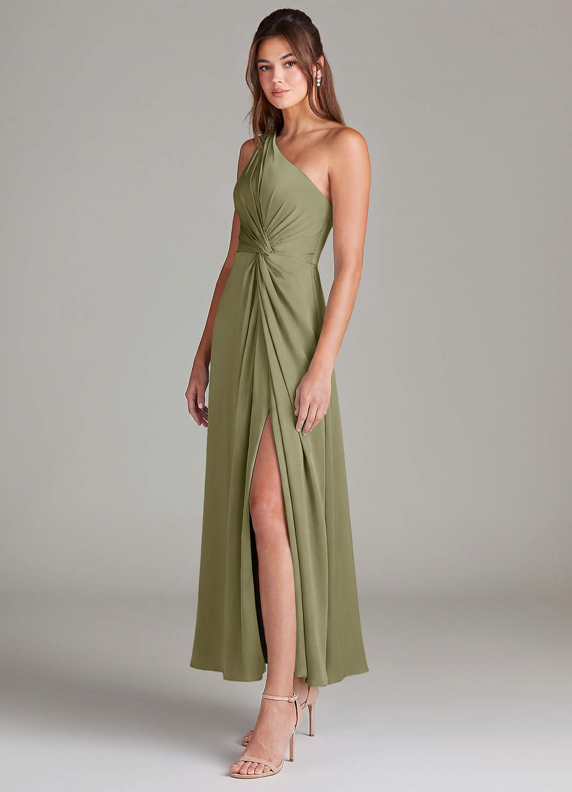 Azazie Brooke Brautjungfernkleider A-Linie One-Shoulder Stretch-Satin Kleid Pistazie image4