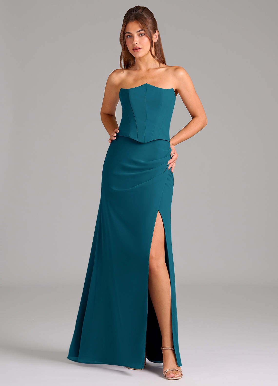 Azazie Jenine Brautjungfernkleider Meerjungfrau-Linie Schulterfrei Chiffon Kleid Tintenblau image1