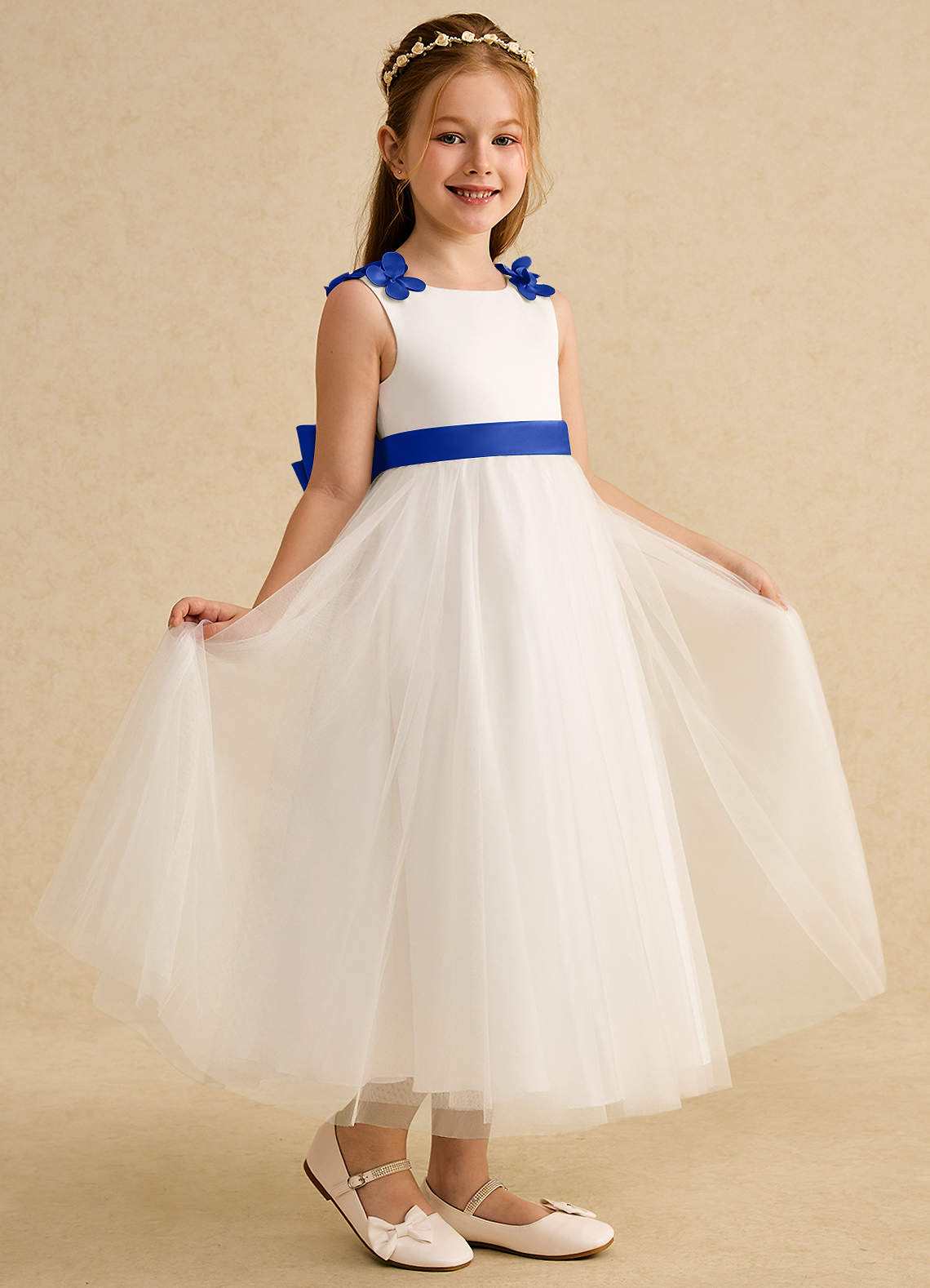 Azazie Lilli vestidos de niña de las flores Vestido de Marfil Azul Real de Tul de Corte En A con Lazo image1