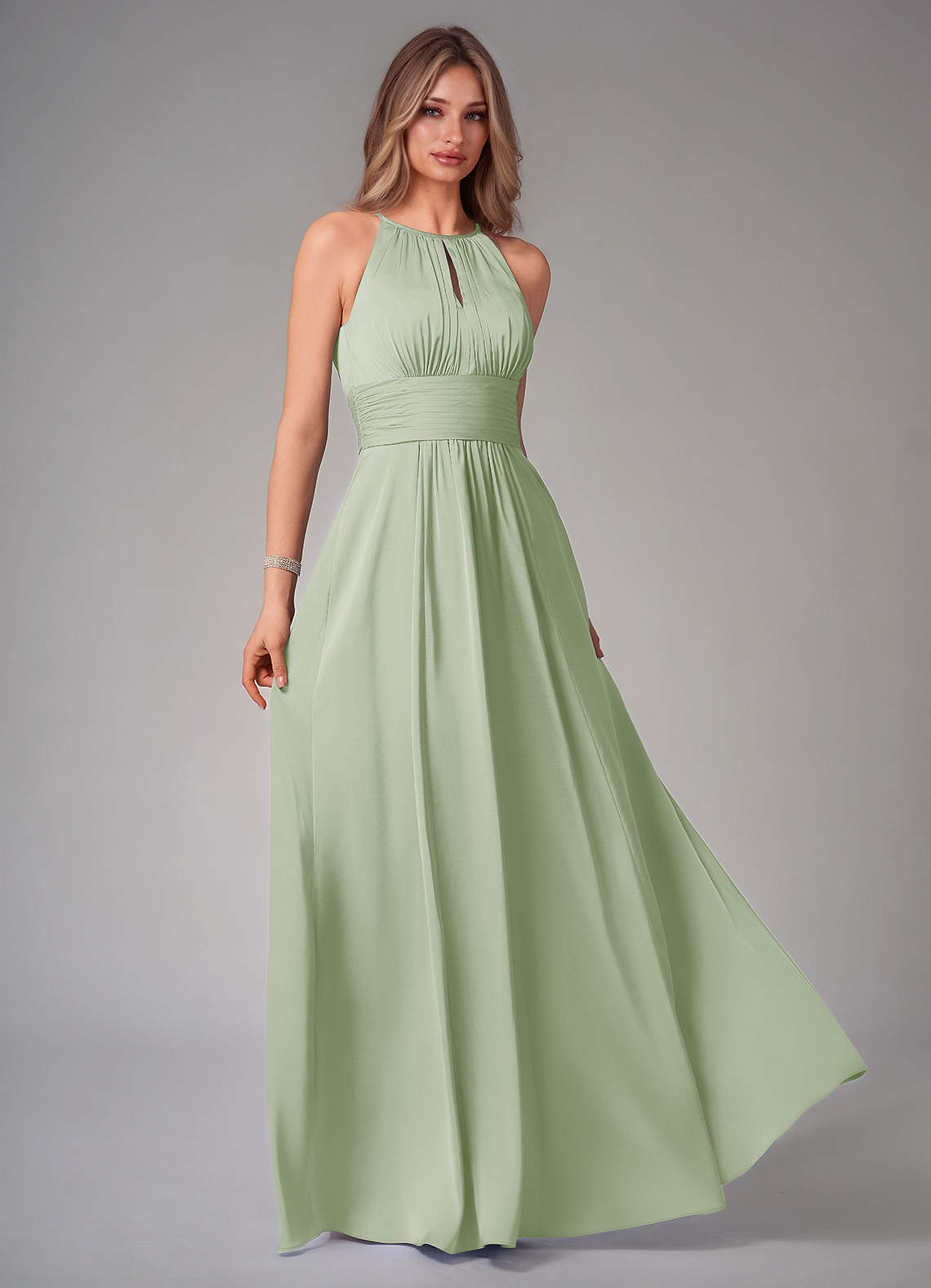 Azazie Bonnie Bridesmaid Dresses Dusty Sage A-Line Pleated Stretch Satin Dress image1