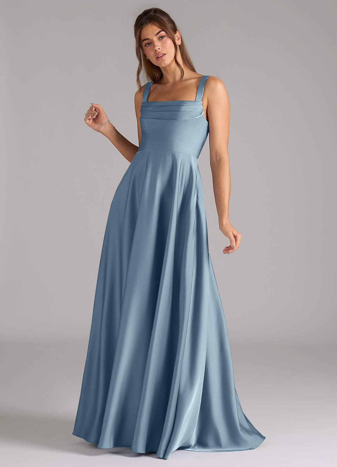 Azazie Shaude Bridesmaid Dresses Dusty Blue A-Line Pleated Stretch Satin Dress image4