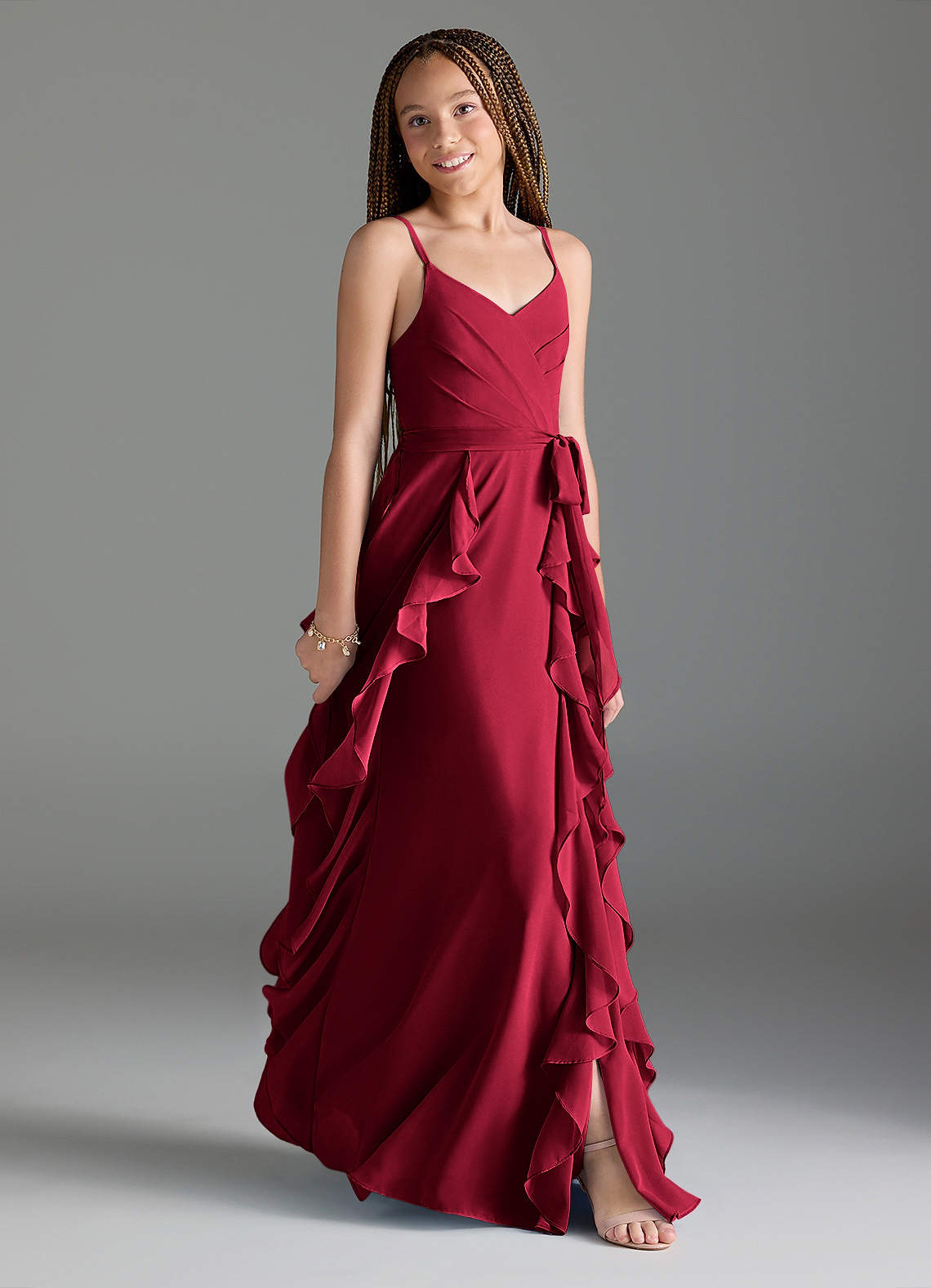 Azazie Peyton Junior Burgundy A-Line V-Neck Cascading Ruffles Chiffon Dress image2