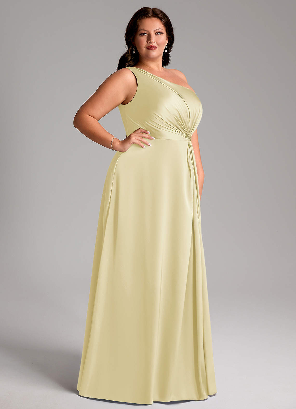 Azazie Brooke Robes de demoiselle d'honneur Robe Trapèze en Satin extensible Une épaule Sorbet Citron image10