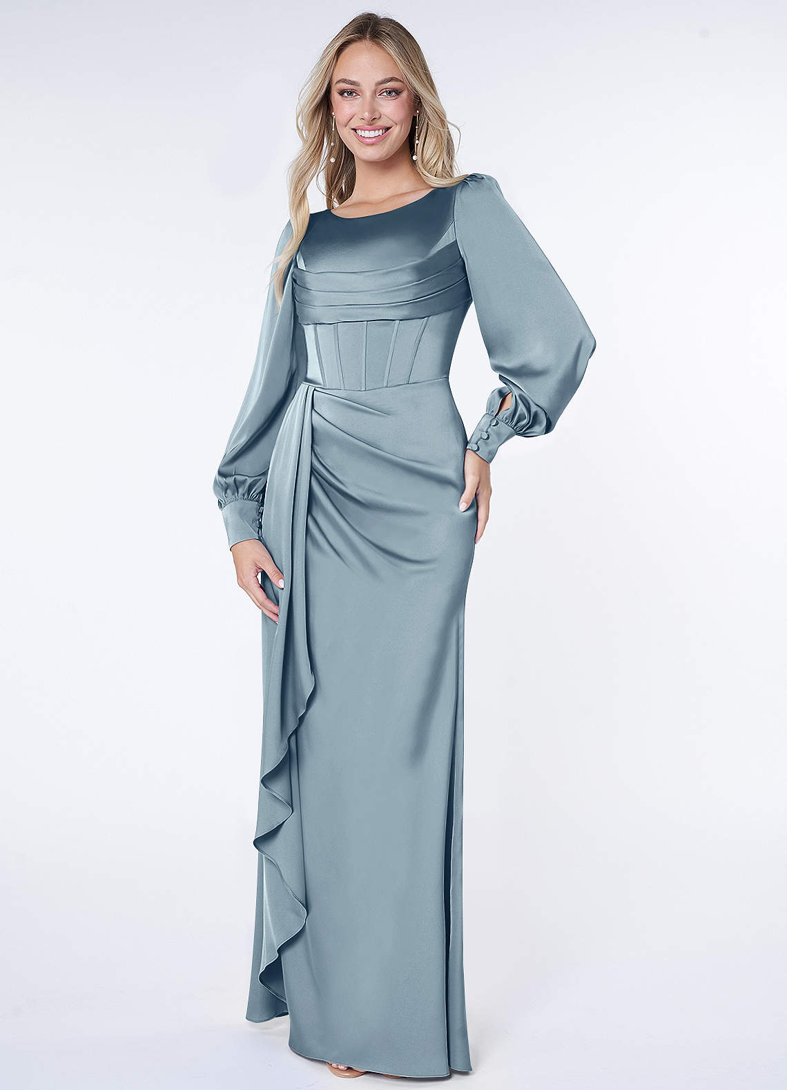 Azazie Raye Bridesmaid Dresses Dusty Blue Mermaid Long Sleeve Stretch Satin Dress image1