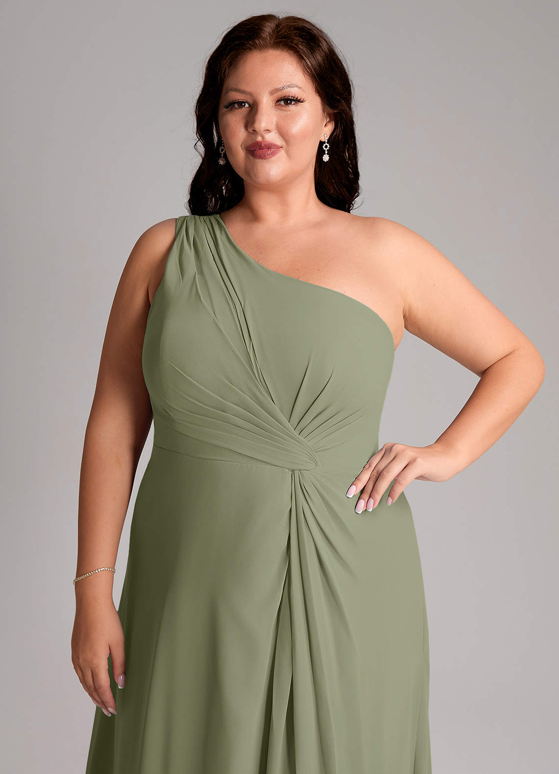 Azazie Brooke Vestidos de madrinha de casamento Vestido Pistache de Chiffon de Linha A com Um ombro image12