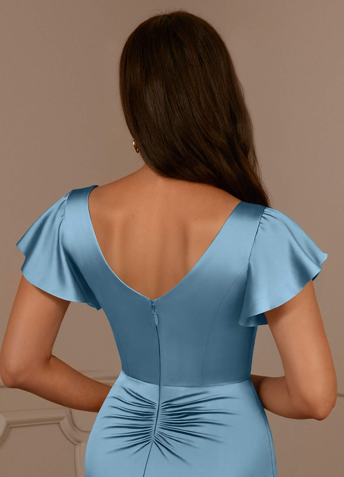 Azazie Roya Mother of the Bride Dresses Steel Blue Mermaid V-Neck Pleated Stretch Satin Dress image5