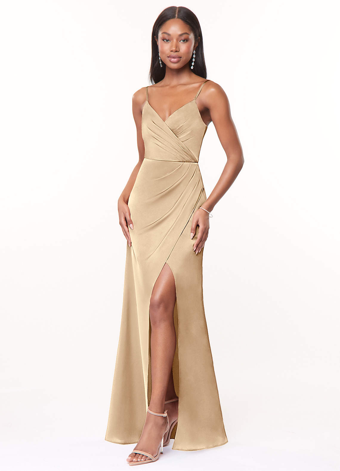 Azazie Maci Bridesmaid Dresses Champagne A-Line V-Neck Pleated Stretch Satin Dress image2