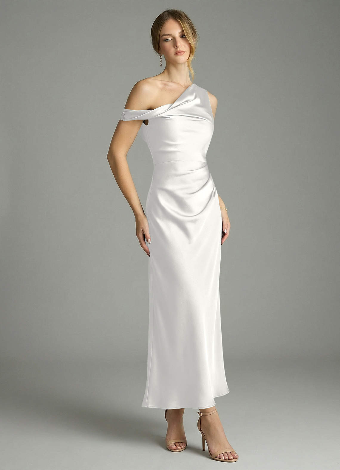 Azazie Emerson Bridesmaid Dresses White Mermaid Off the Shoulder Stretch Satin Dress image2