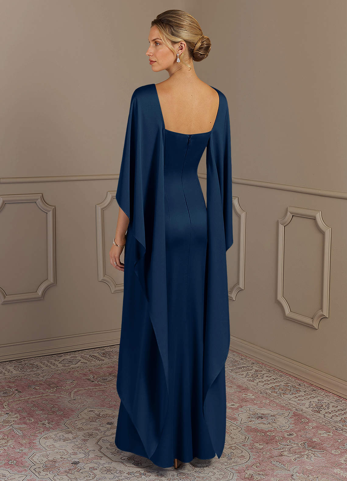 Azazie Eli Mother of the Bride Dresses Dark Navy Sheath Boatneck Stretch Satin Dress image1