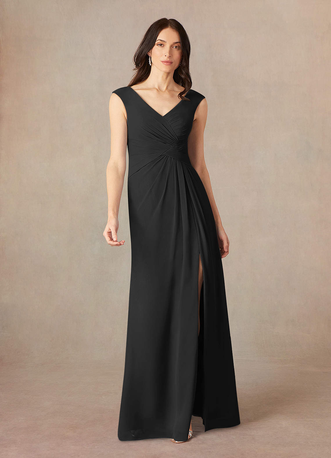 Azazie Sally At-home Try On Dresses Black A-Line V-Neck Pleated Chiffon Dress image1