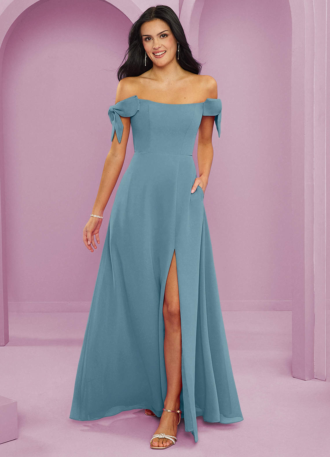 Barbie ♥ Azazie Bridesmaid Dresses Moody Blue A-Line Off the Shoulder Chiffon Convertible Dress image1
