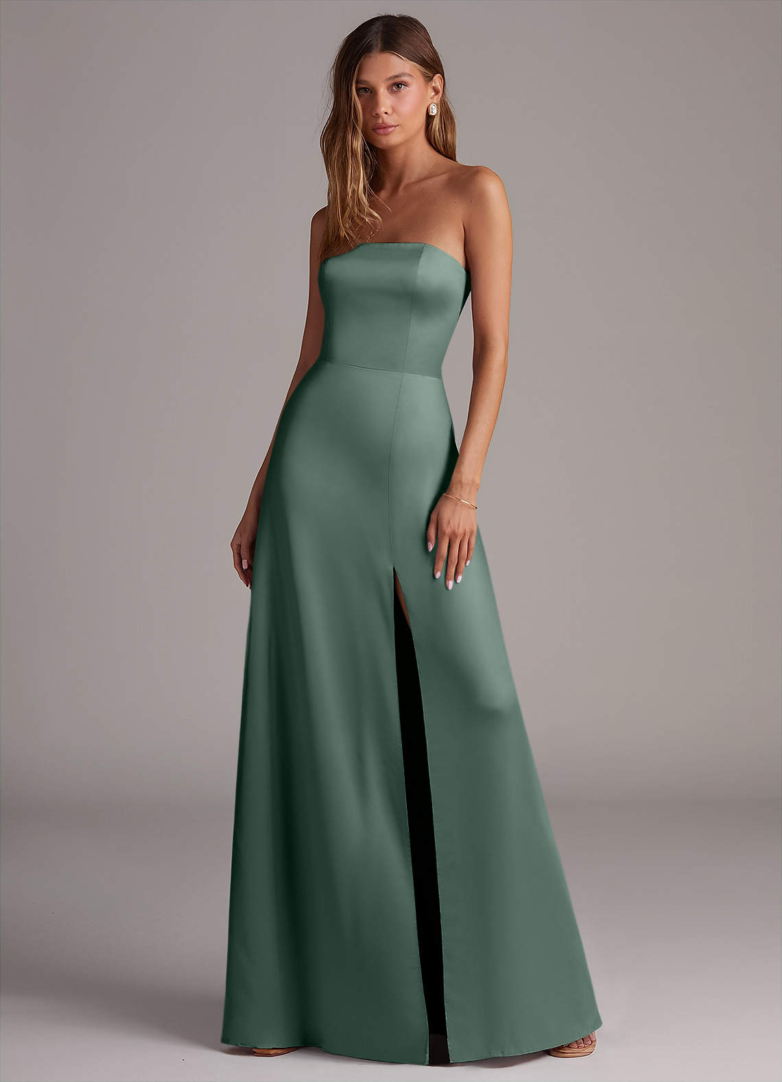 Azazie Wren Bridesmaid Dresses Eucalyptus A-Line Strapless Stretch Satin Convertible Dress image1
